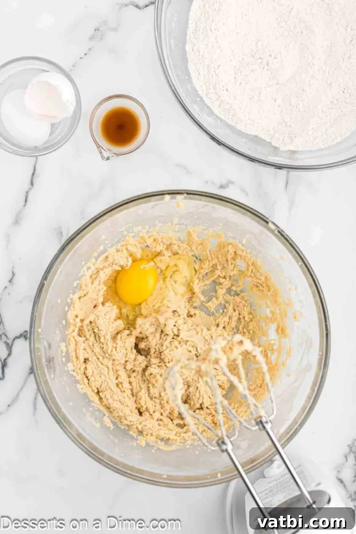 Oatmeal Butterscotch Cookies 4 Mixing bowl with wet ingredients: creamed butter, brown sugar, and granulated sugar.
