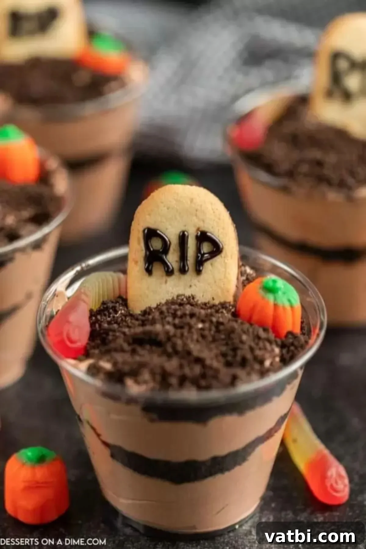 Spooky Halloween Dirt Cups 7 Layers of pudding and cookie crumbs assembled in a clear cup, topped with decorations.