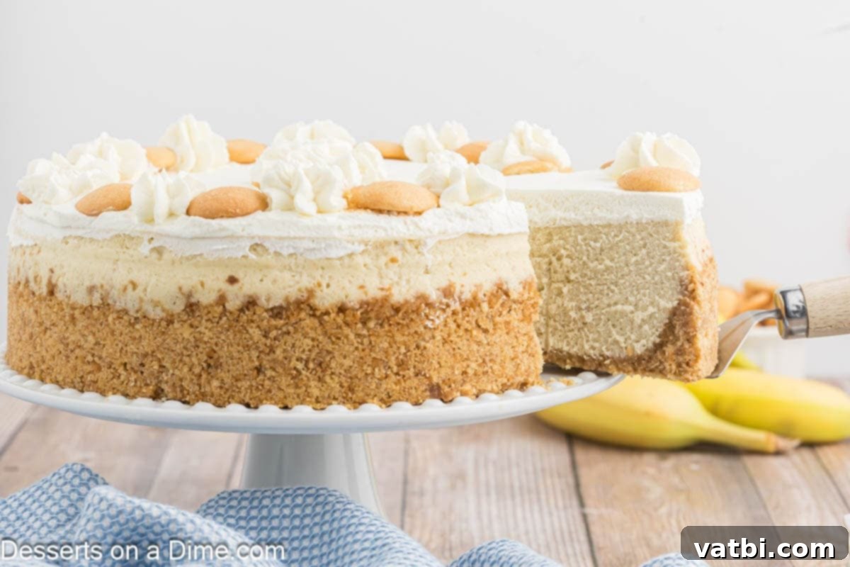 Decadent Banana Cheesecake 2 Banana Cream Cheesecake being sliced, revealing its creamy texture and golden crust.