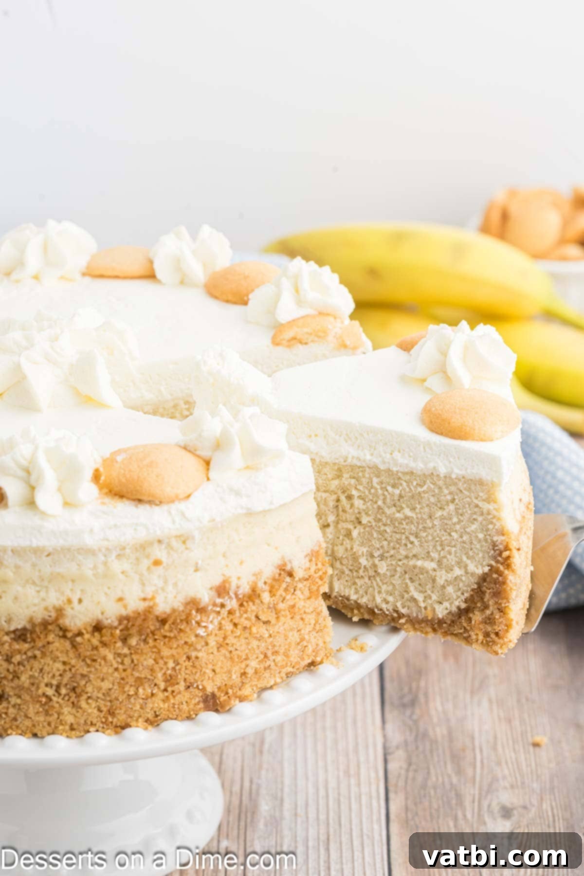 Decadent Banana Cheesecake 13 A slice of Banana Cream Cheesecake served on a plate.