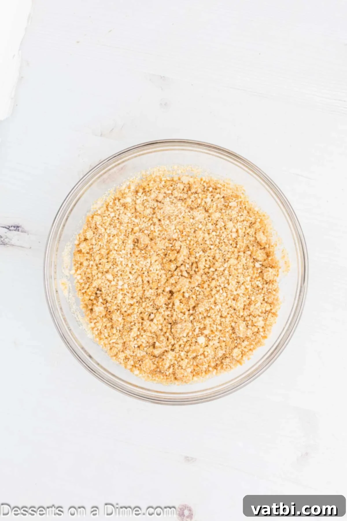 Decadent Banana Cheesecake 5 Nilla wafer crumbs in a bowl combined with melted butter and sugar.