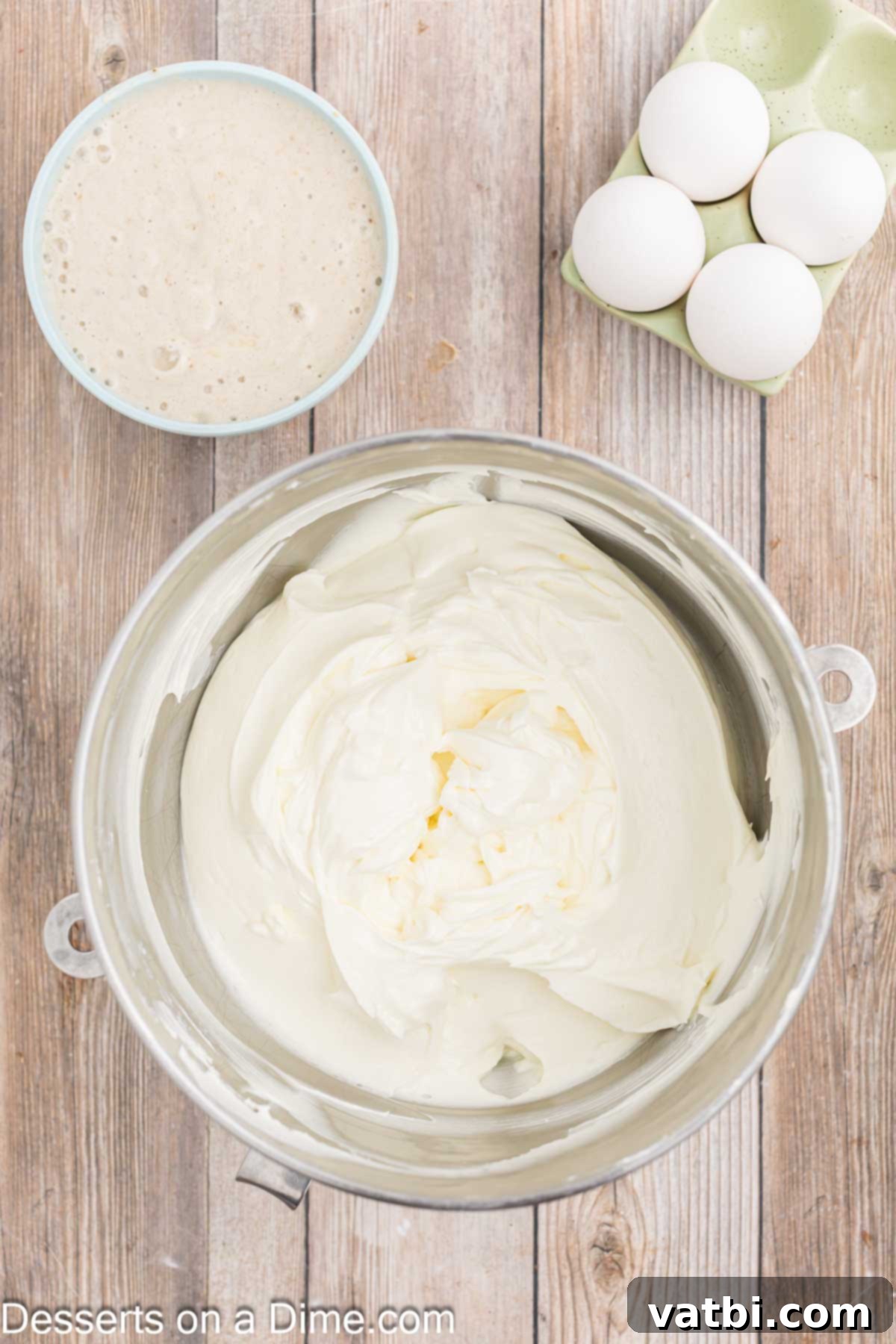 Decadent Banana Cheesecake 7 Cheesecake filling mixture being combined in a large bowl with an electric mixer.