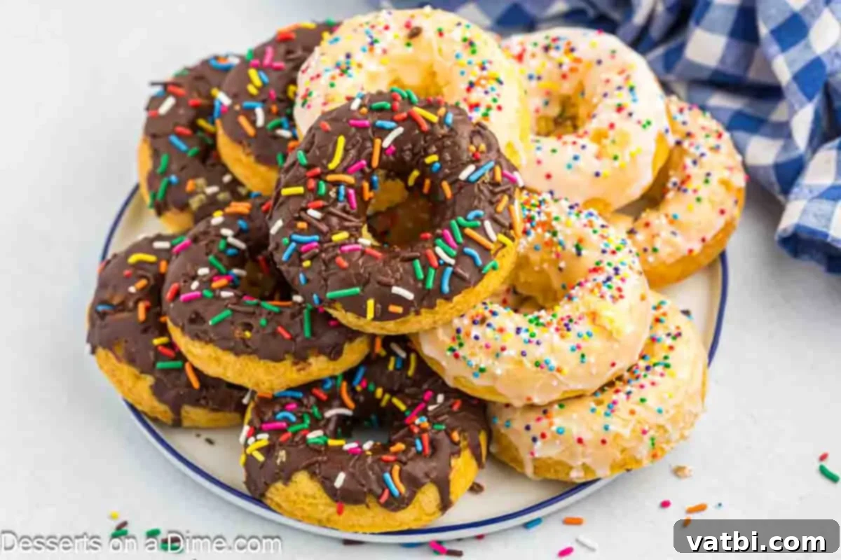 A platter brimming with freshly baked cake mix donuts, some adorned with a shiny vanilla glaze and colorful sprinkles, others with a rich chocolate glaze. They are arranged appealingly, highlighting their soft texture and inviting appearance, ready to be enjoyed as a homemade treat.