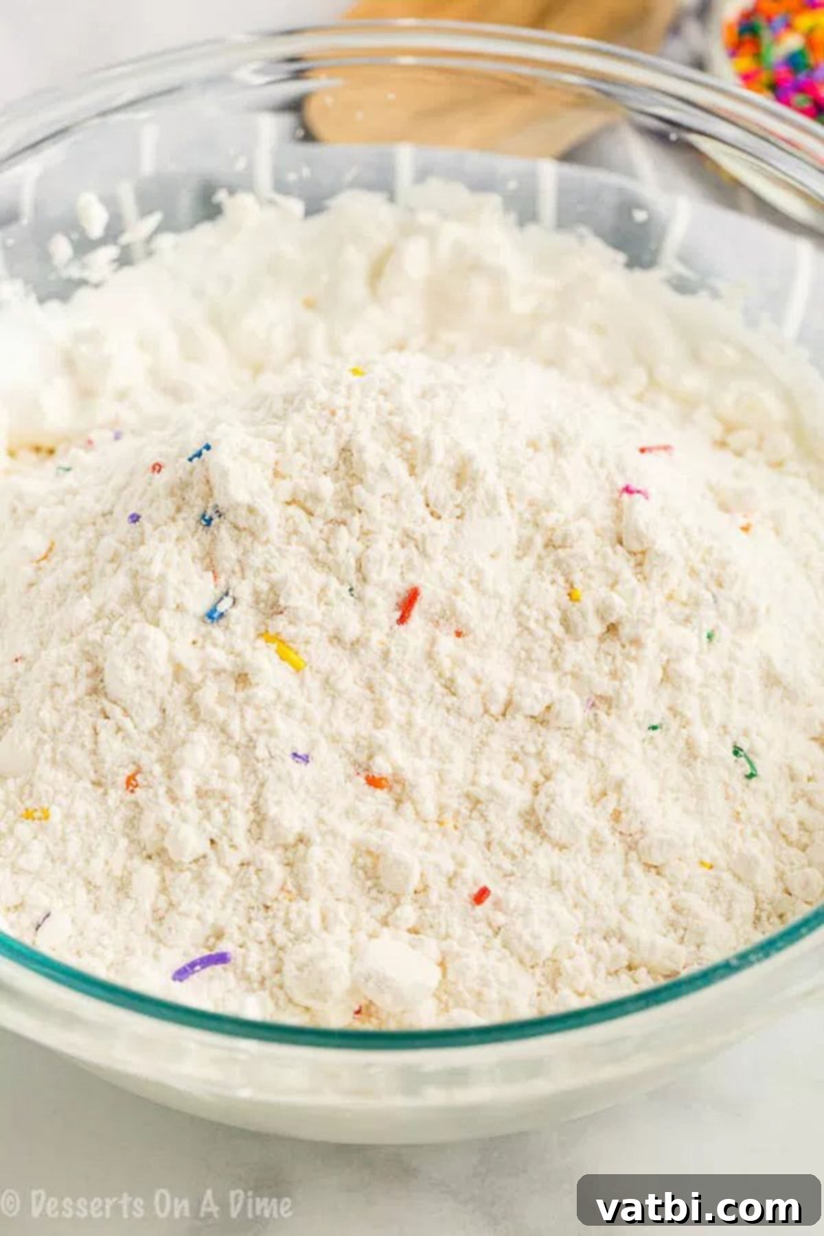 Birthday Cake Batter Dip 3 Mixing bowl with cake mix and milk added, before being combined into the dip.
