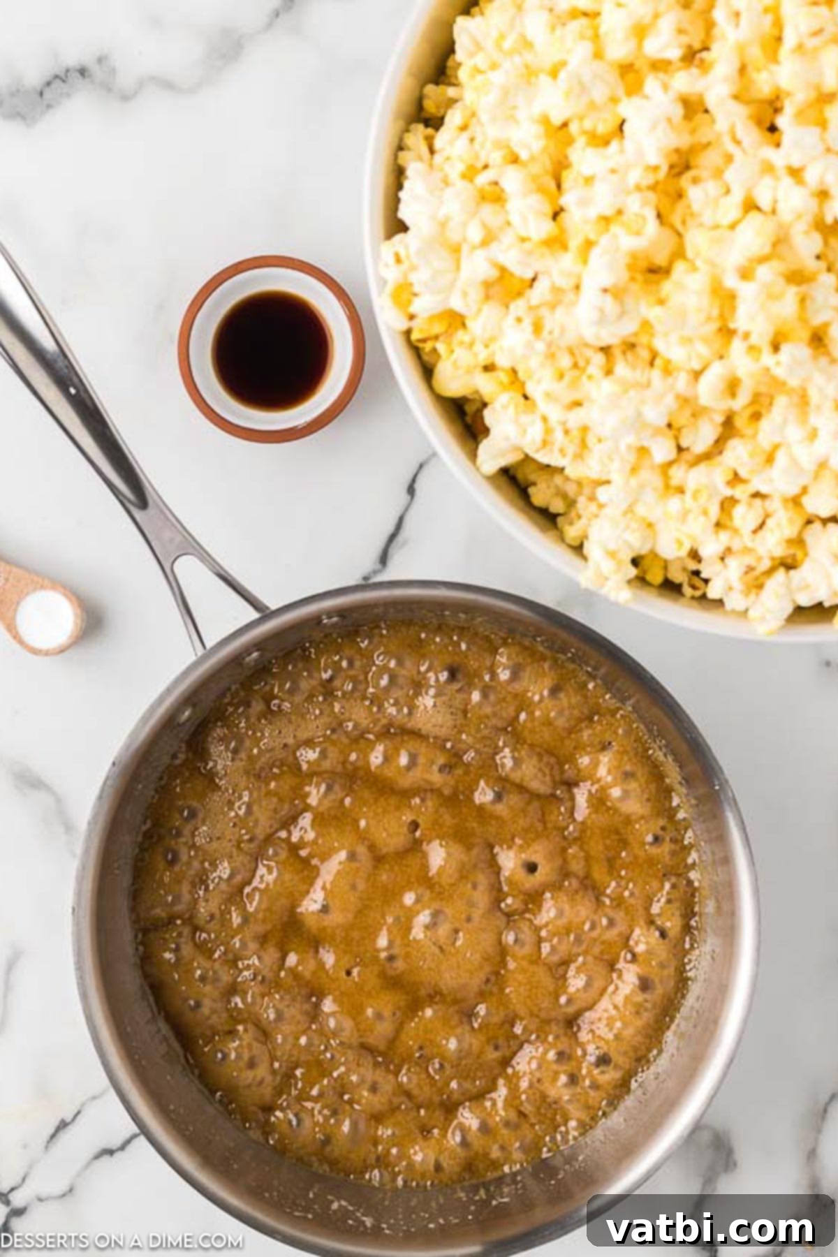 Ultimate Caramel Popcorn 5 Mixture boiling in pan.