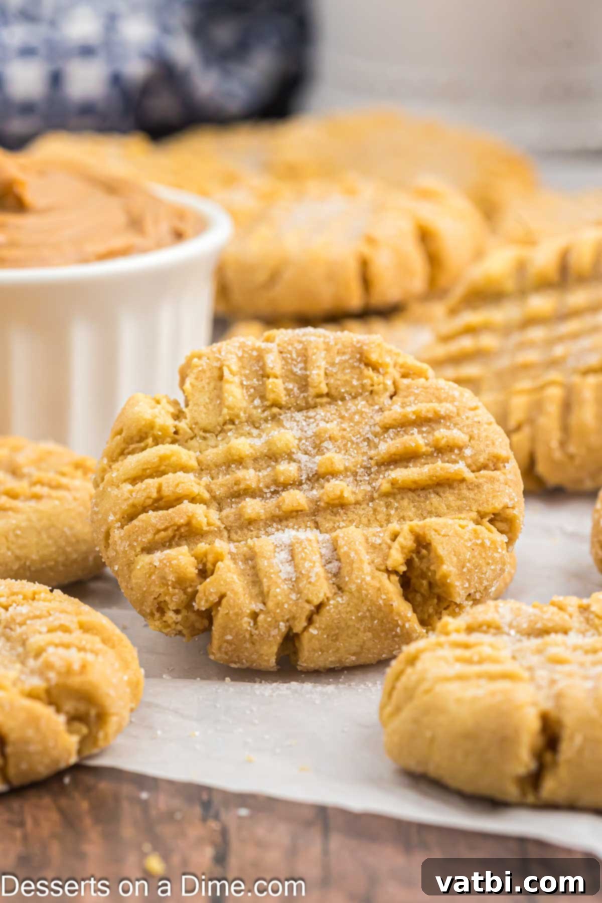 Peanut Butter Cake Mix Cookie Bliss 2 Freshly baked Peanut Butter Cake Mix Cookies arranged artfully on wax paper, highlighting their golden-brown edges and classic crisscross pattern.