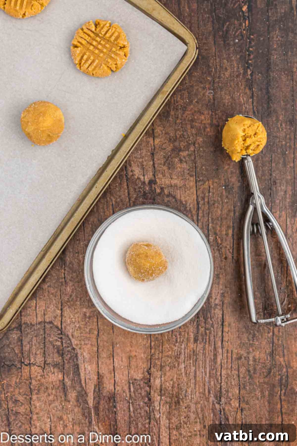 Peanut Butter Cake Mix Cookie Bliss 5 Small, round cookie dough balls being rolled in a bowl of granulated sugar, ready for the signature crisscross fork pattern.