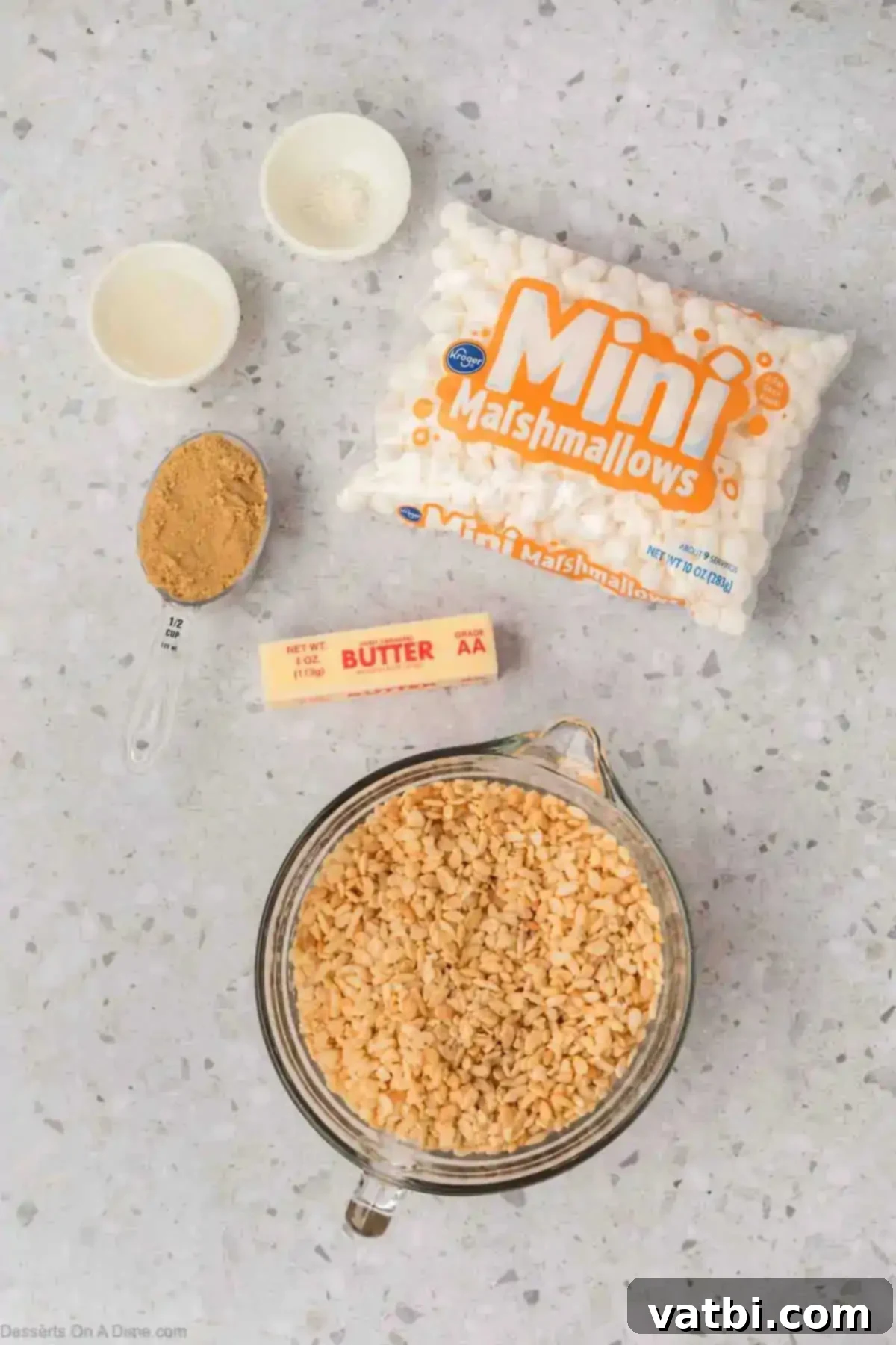 Irresistible Salted Caramel Rice Krispies 3 Ingredients for recipe - rice krispie cereal, mini marshmallows,, brown sugar, sea salt, butter.