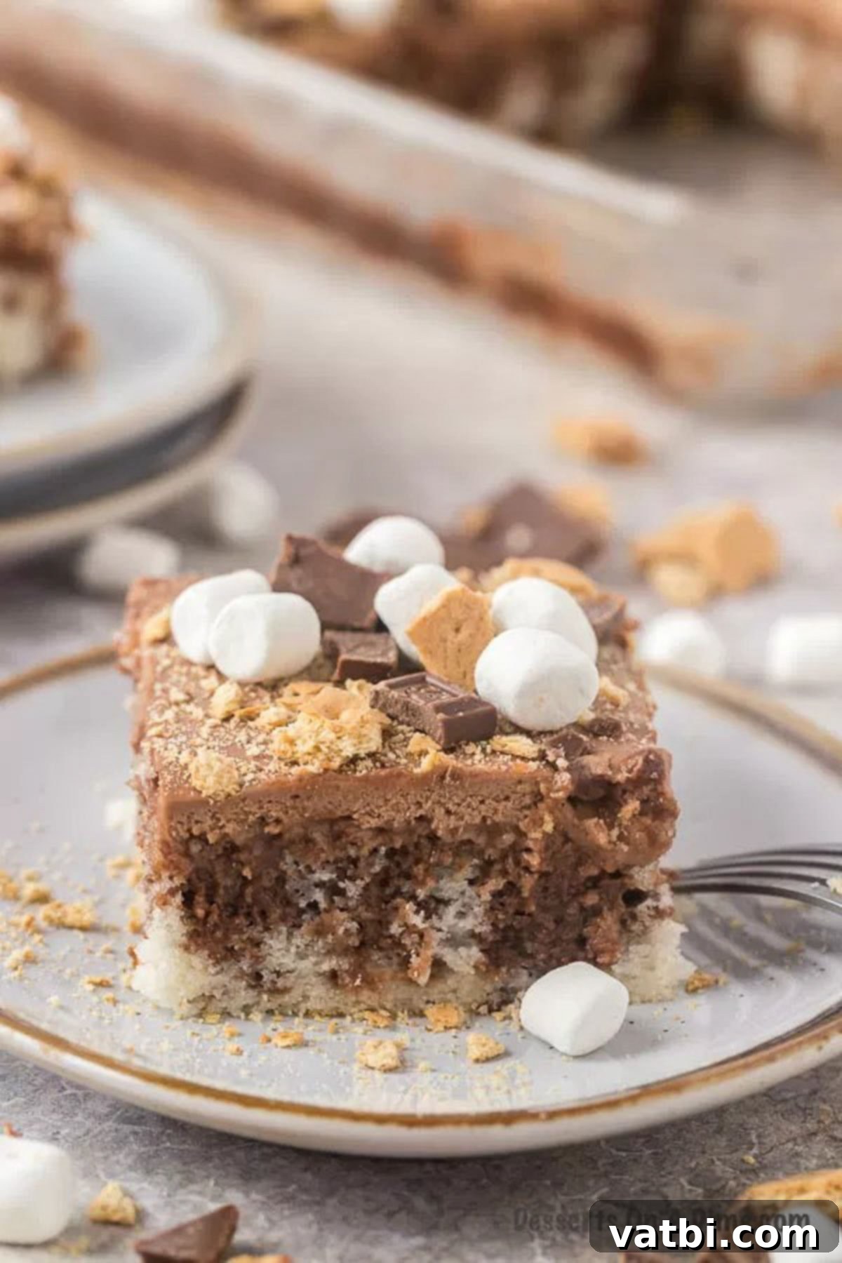 Slice of smores cake on a plate. 