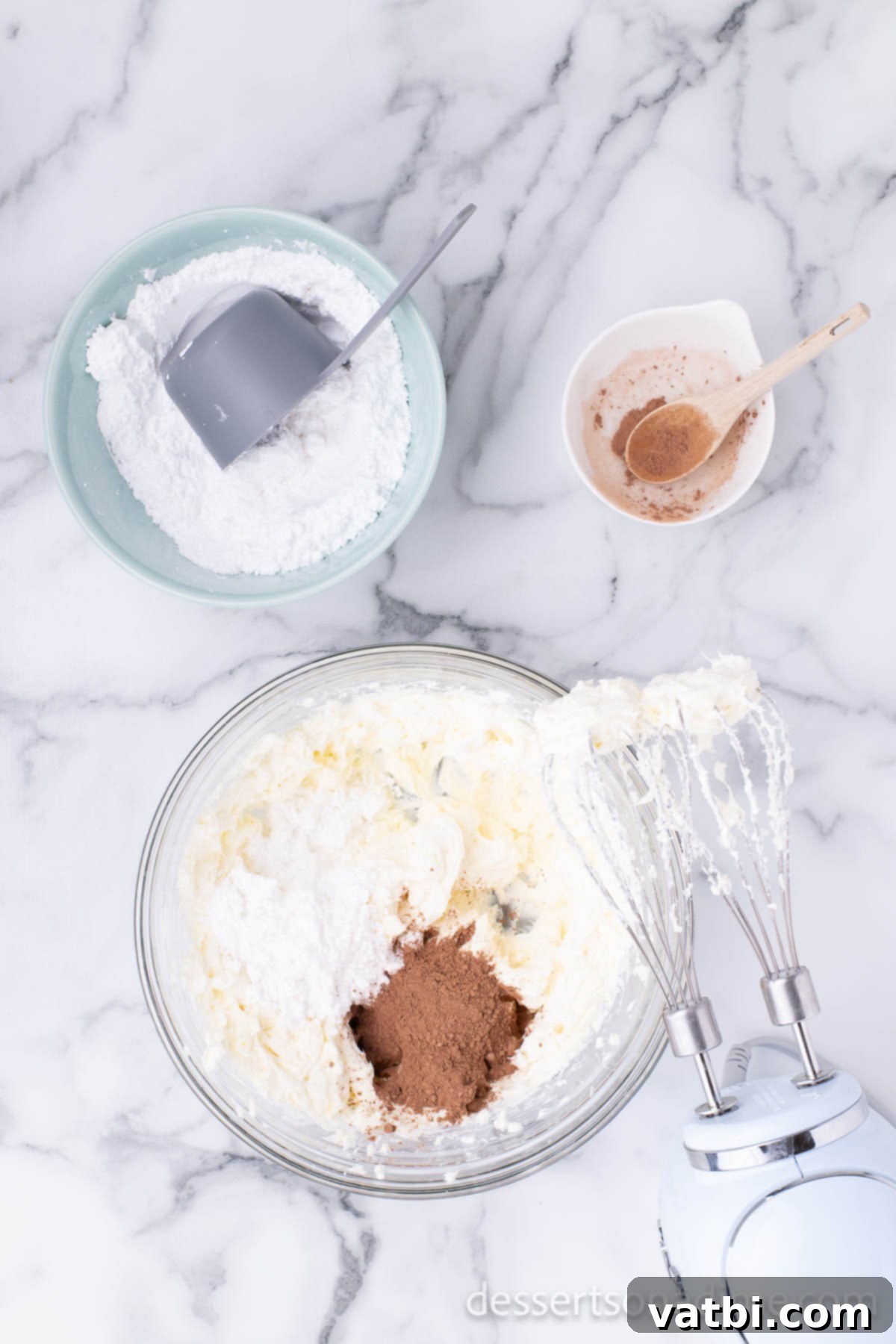 Cream cheese layer combined in bowl. 