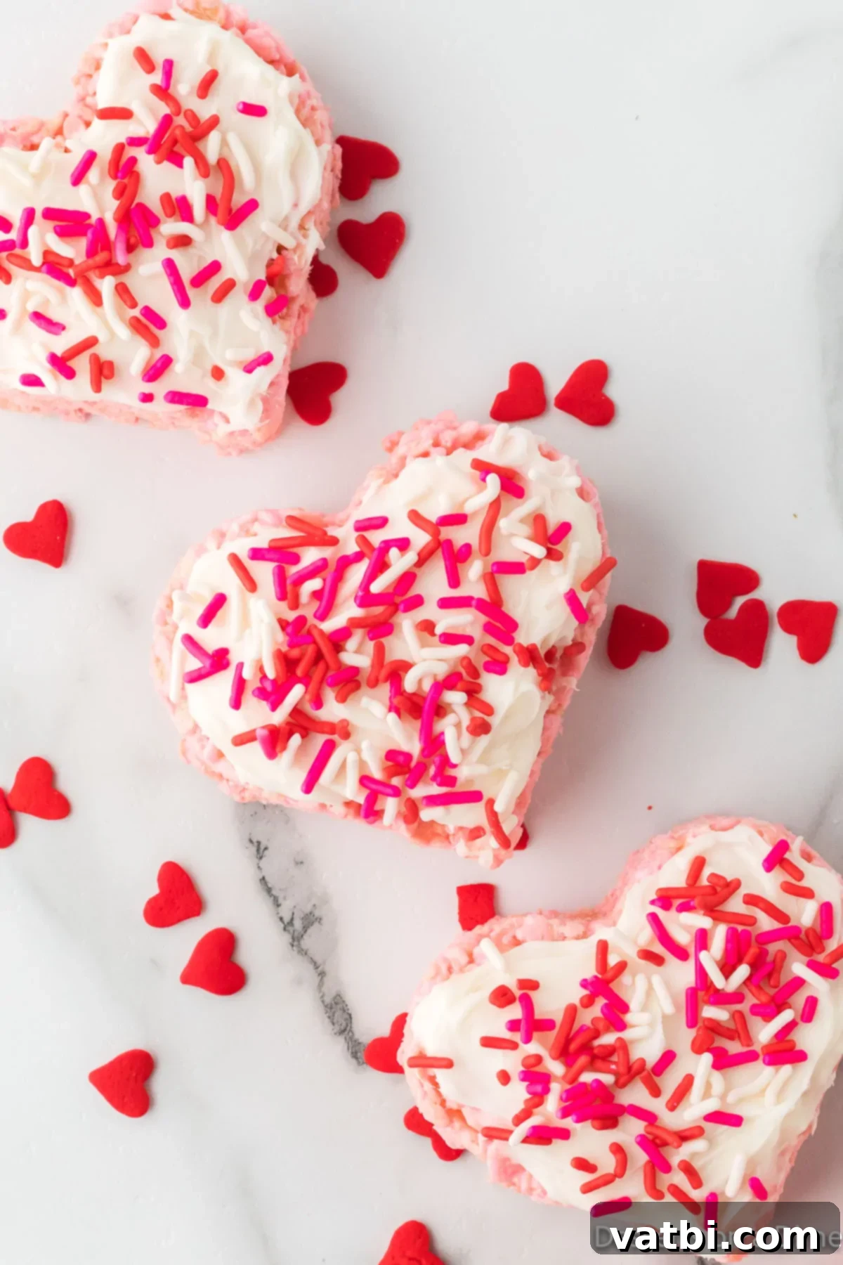Valentine Rice Krispie Treats surrounded by little hearts, showcasing their festive and adorable appeal.