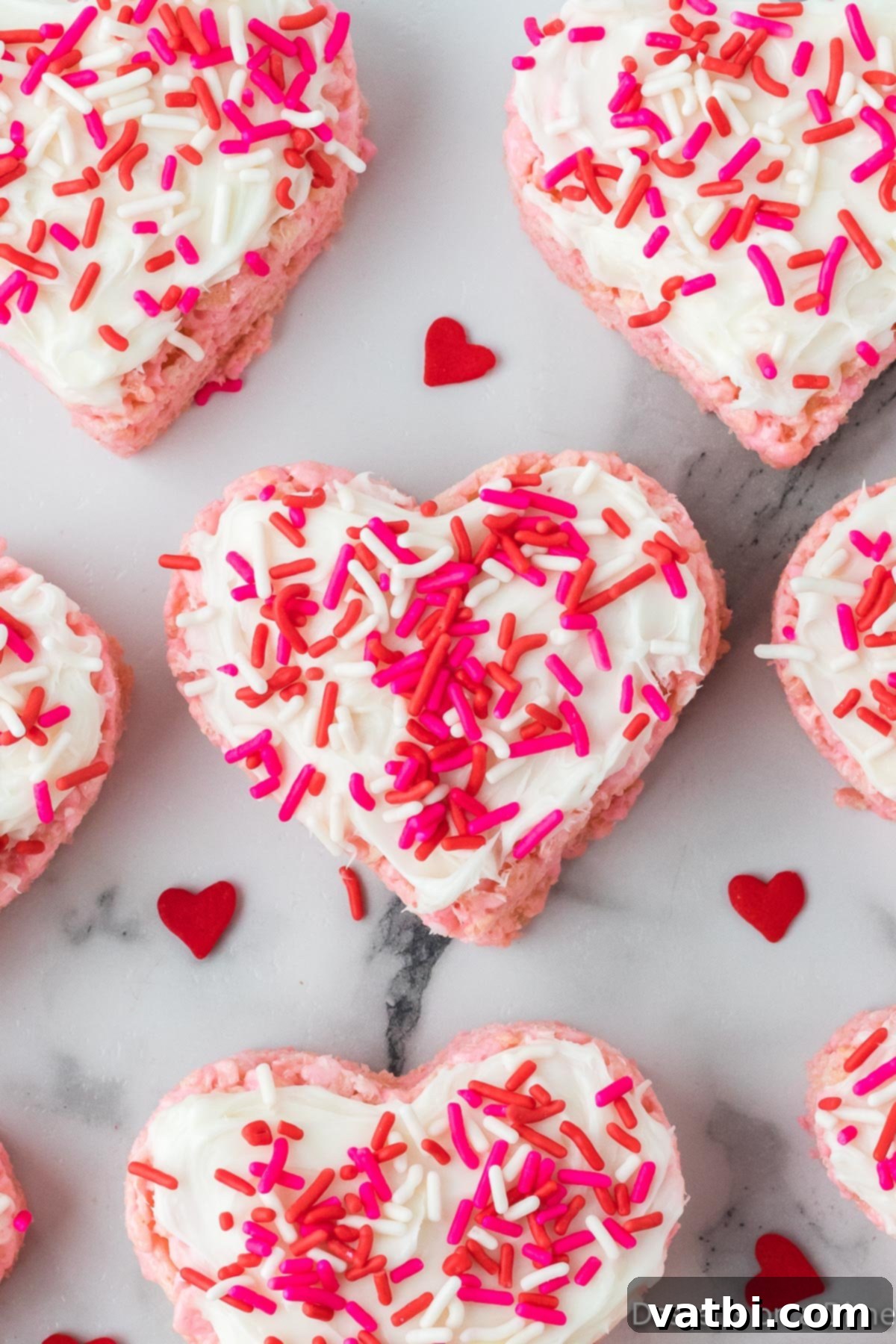 Decorated heart-shaped Rice Krispie Treats, topped with colorful red, white, and pink sprinkles.