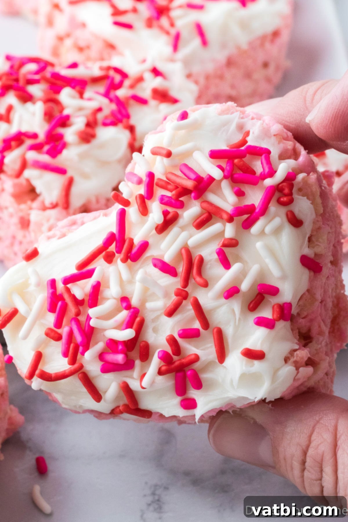 Close-up of a heart-shaped Valentine Rice Krispie Treat, showing its texture and sprinkles.