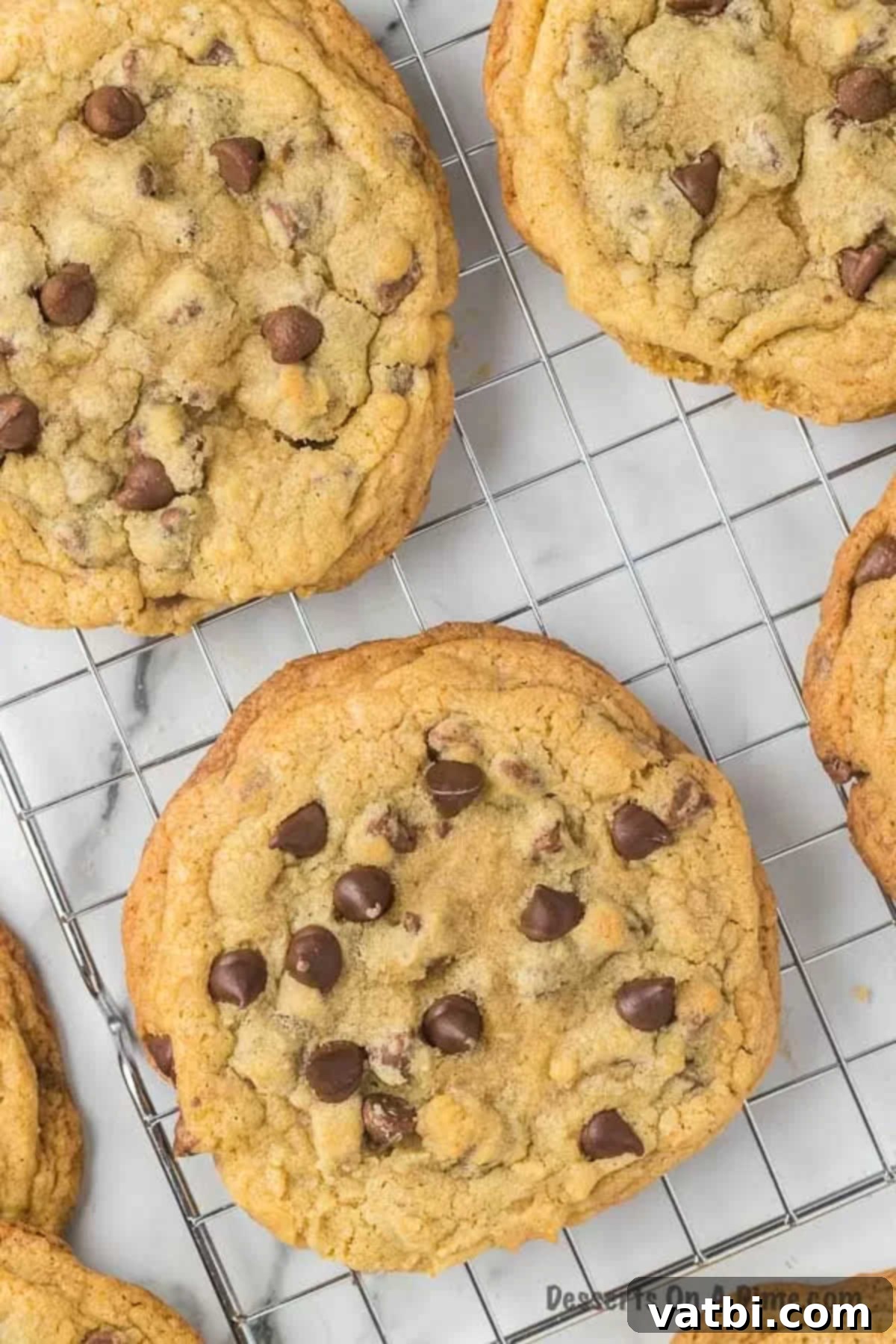 The Ultimate Crumbl Chocolate Chip Cookie Dupe 2 Crumble chocolate chip cookies on wire rack.