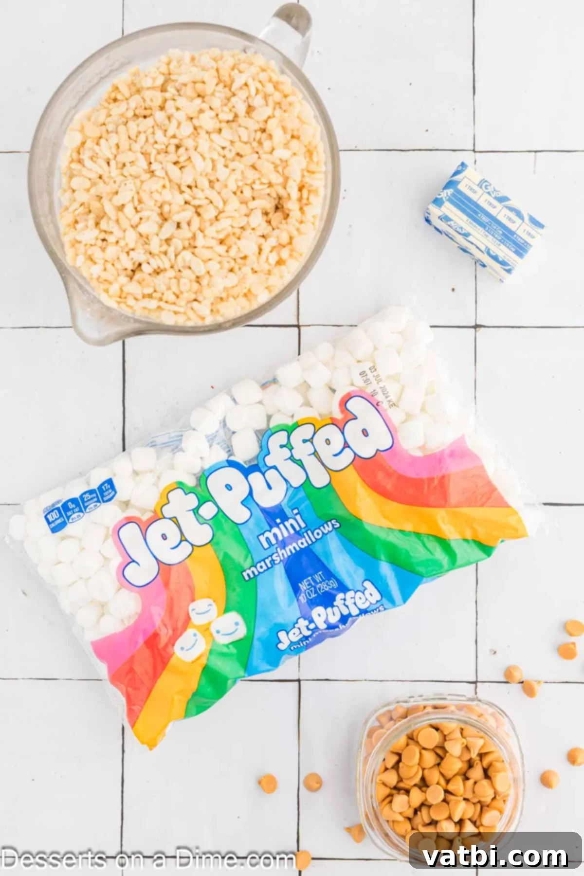Gourmet Brown Butter Rice Krispie Treats 3 Ingredients for Brown Butter Rice Krispy Treats - salted butter, mini marshmallows, rice krispy treats, cereal arranged on a counter.