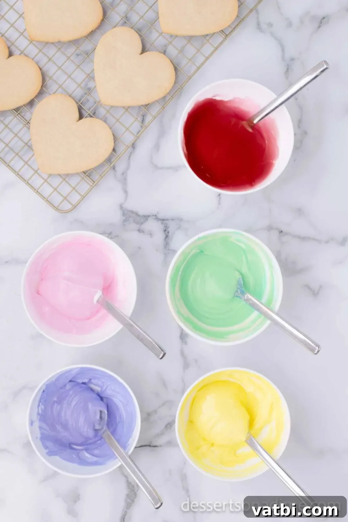 Sweetheart Sugar Cookie Delights 13 Bowls with food coloring added.