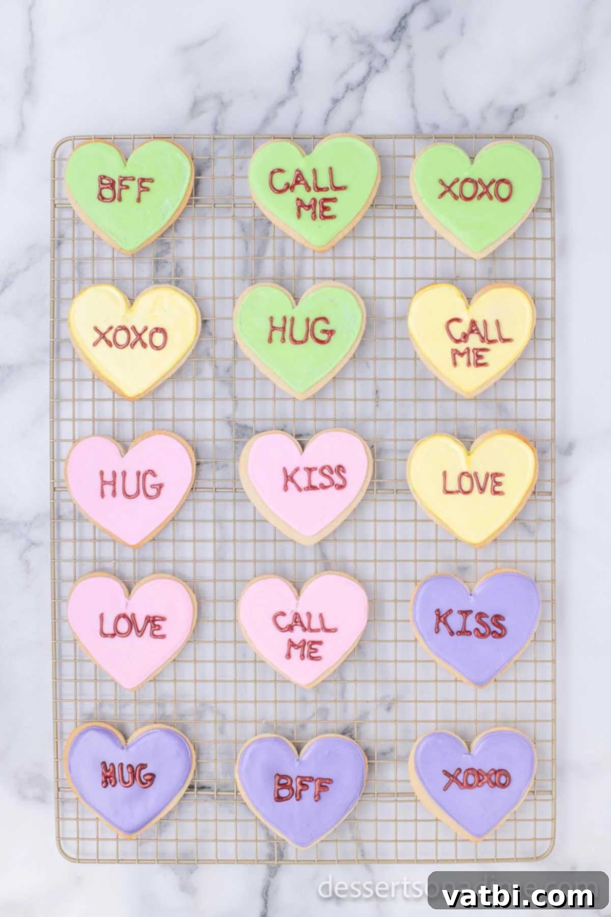 Sweetheart Sugar Cookie Delights 15 Cookies on wire rack decorated.