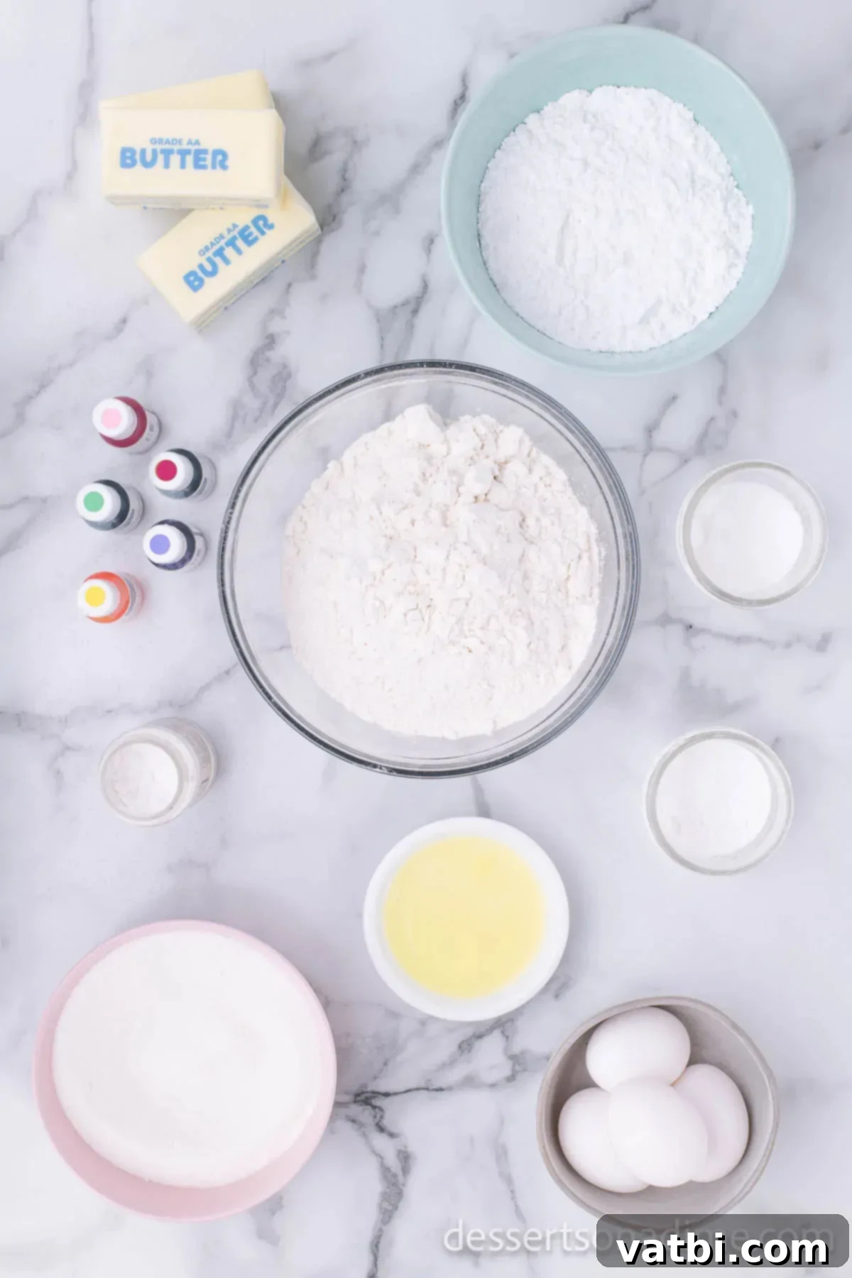 Sweetheart Sugar Cookie Delights 3 Ingredients for recipe - flour, baking powder, eggs, powdered sugar, gel food coloring.