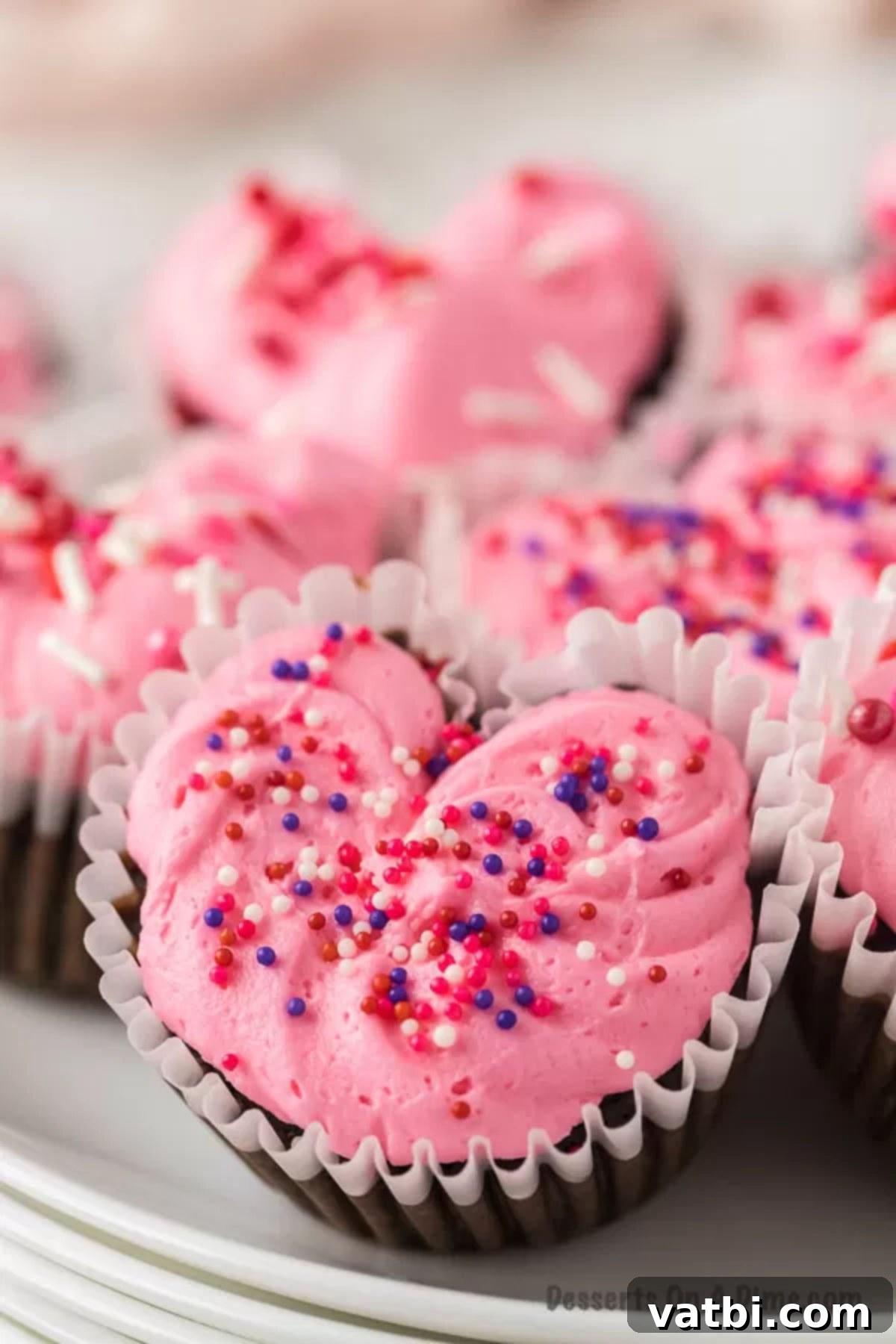 Heart cupcakes decorated with pink icing and red, pink, and white sprinkles, arranged on a white surface.