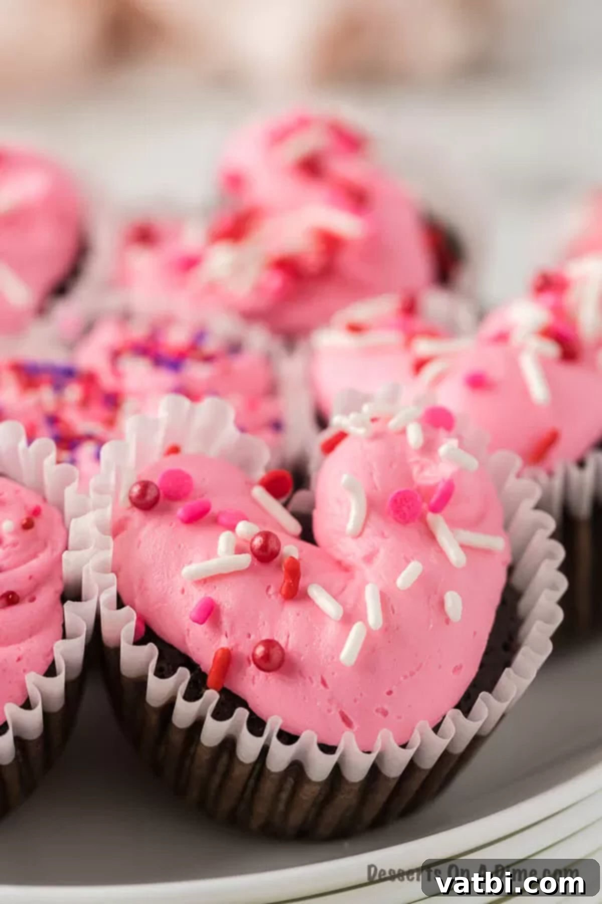 Close up of a decorated chocolate heart cupcake on a white plate, topped with sprinkles.