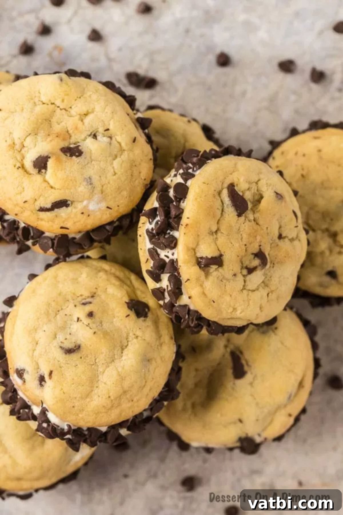Perfect Homemade Chipwich Delight 2 Homemade Chipwich ice cream sandwiches stacked in a pile, showcasing their chocolate chip coating.