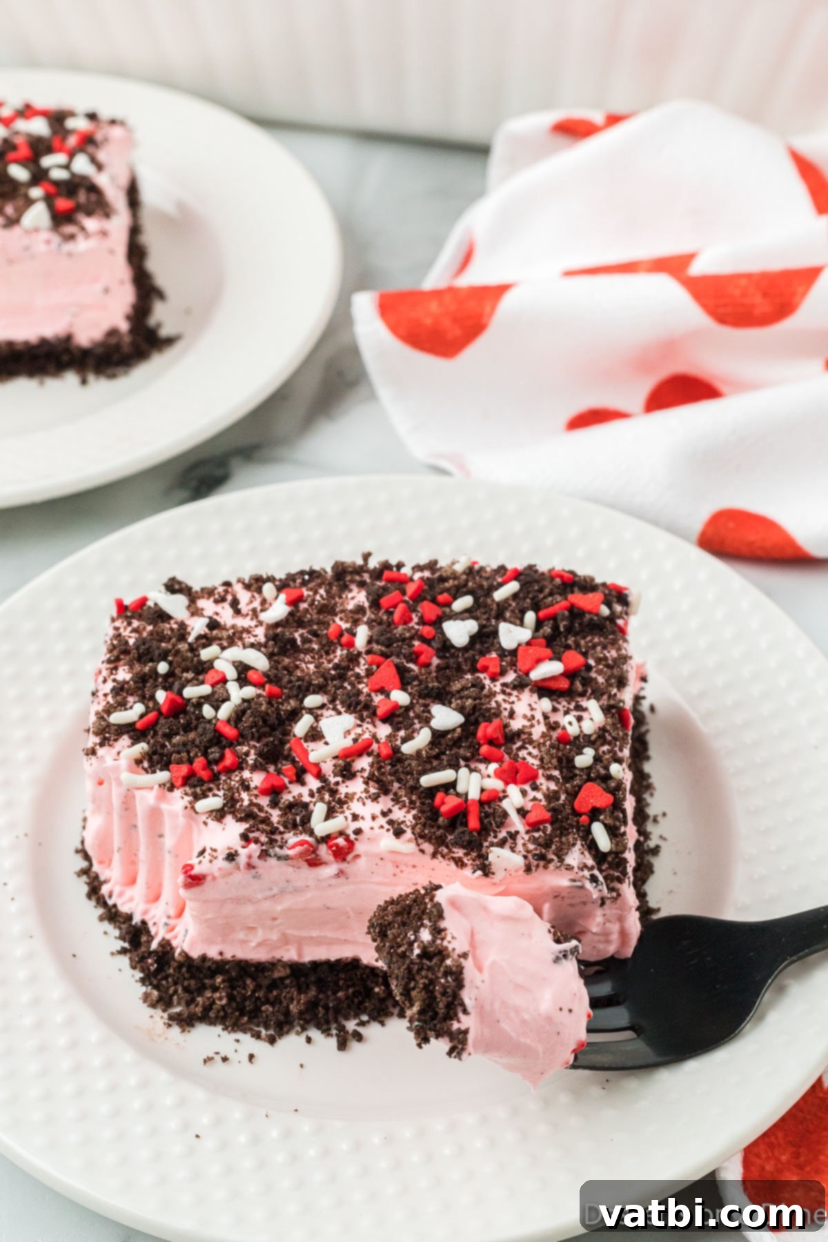 Valentine's Day Dirt Cake served on a plate. 