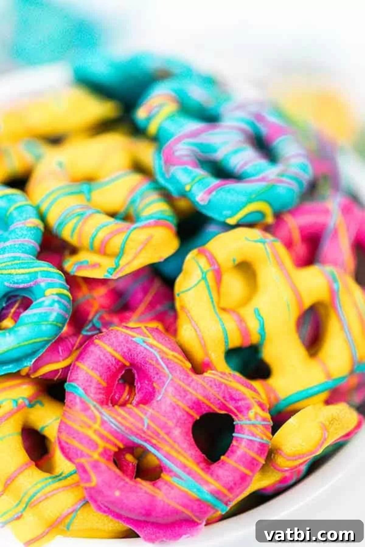 A bowl of Easter chocolate covered pretzels in pastel colors