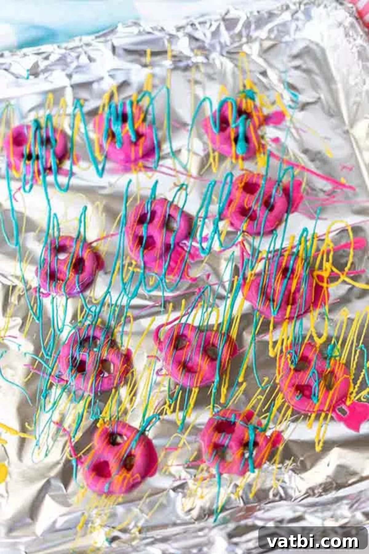 Easter Chocolate Covered Pretzels on a baking sheet being drizzled with chocolate