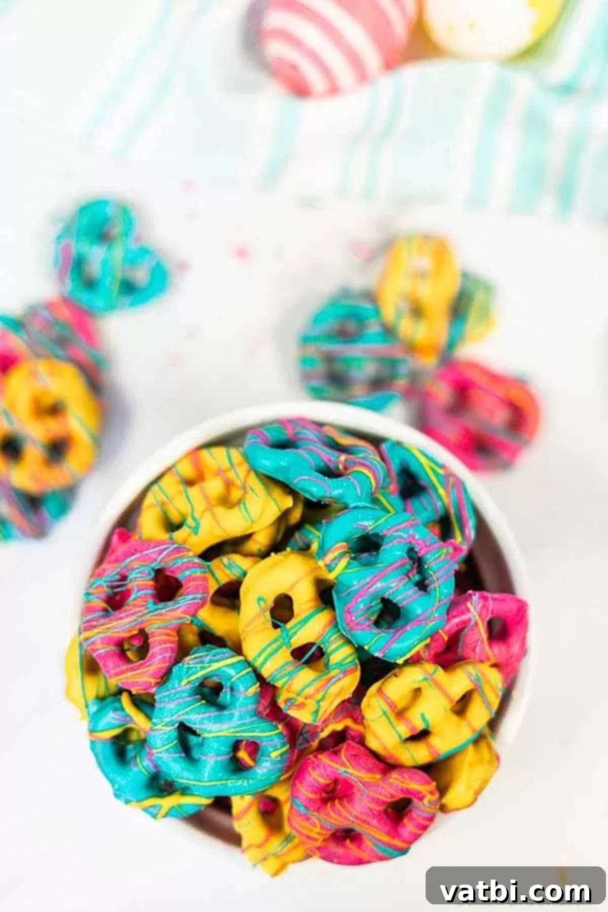 A bowl of Easter chocolate covered pretzels