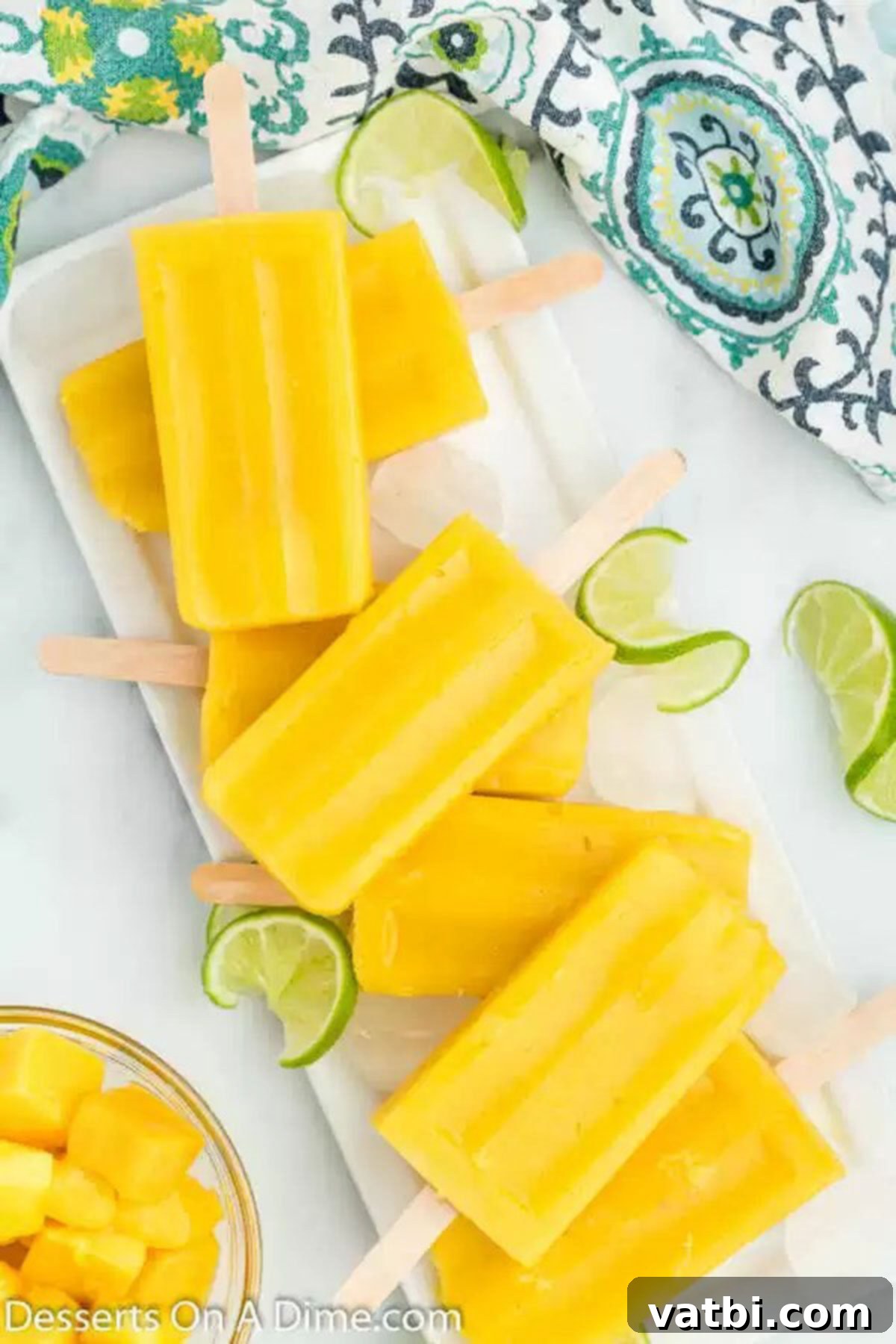 Sunshine Mango Freezies 2 Delicious and vibrant homemade mango popsicles perfectly arranged on a serving tray, ready to be enjoyed.