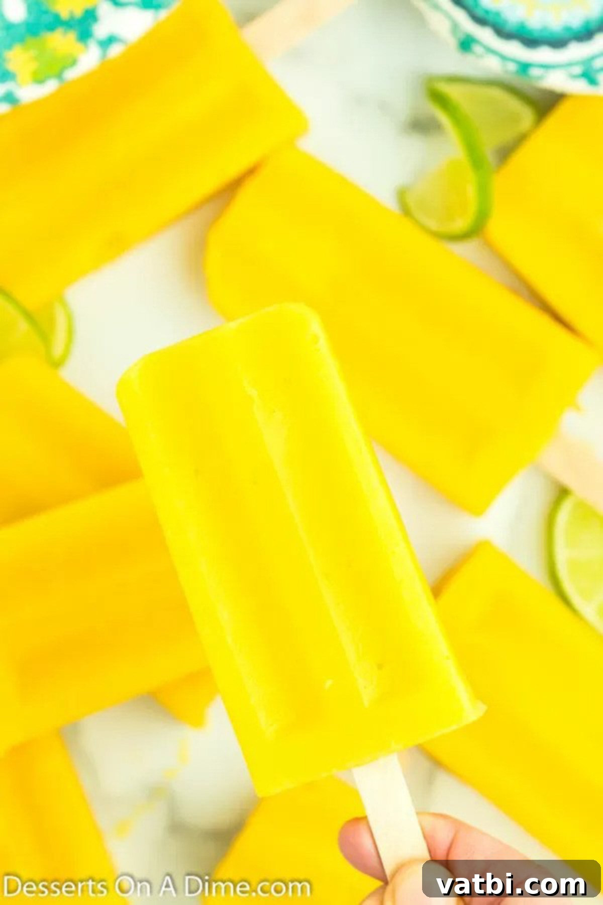 Sunshine Mango Freezies 7 Freshly made mango popsicles removed from molds and arranged on a tray, glistening and ready to eat.