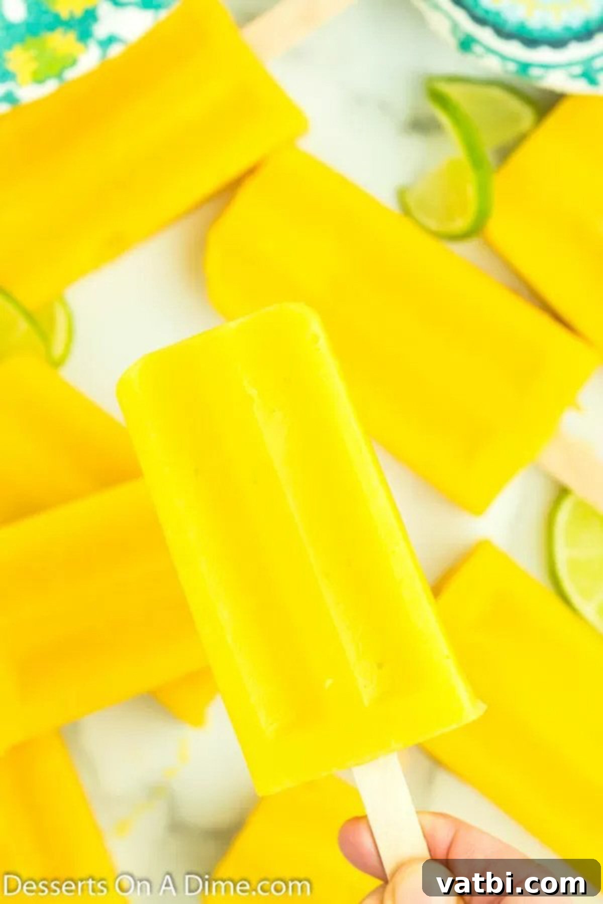 Sunshine Mango Freezies 8 Close-up of three bright yellow mango popsicles on a white tray, showing their smooth, frozen texture.