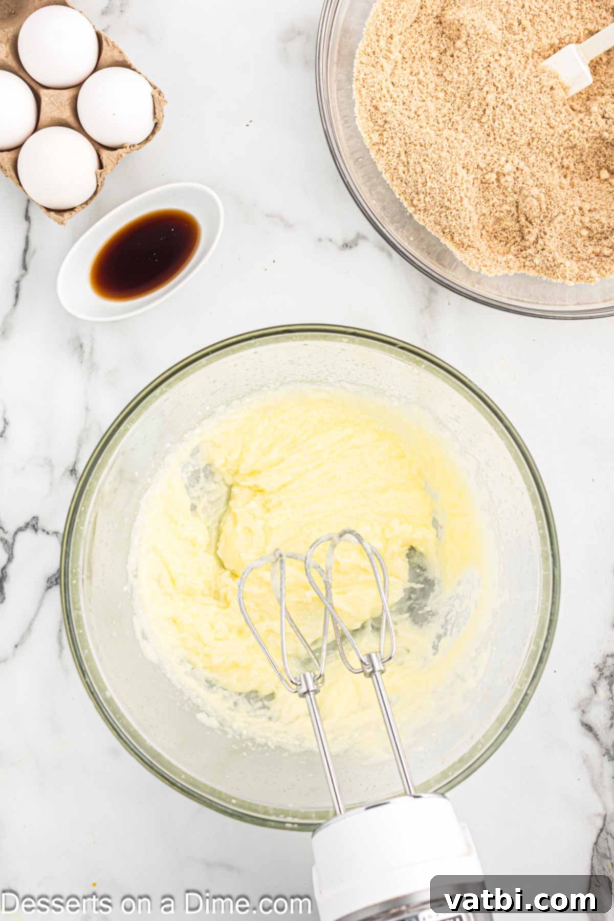 A large mixing bowl containing creamed butter, coconut oil, and erythritol, showcasing a light and fluffy texture.