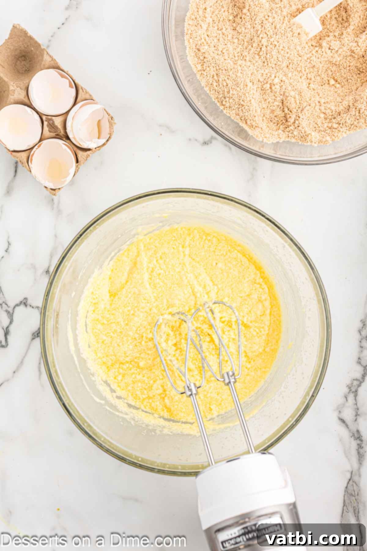 Vanilla extract and eggs being added to the creamed butter mixture in a bowl, ready to be beaten.