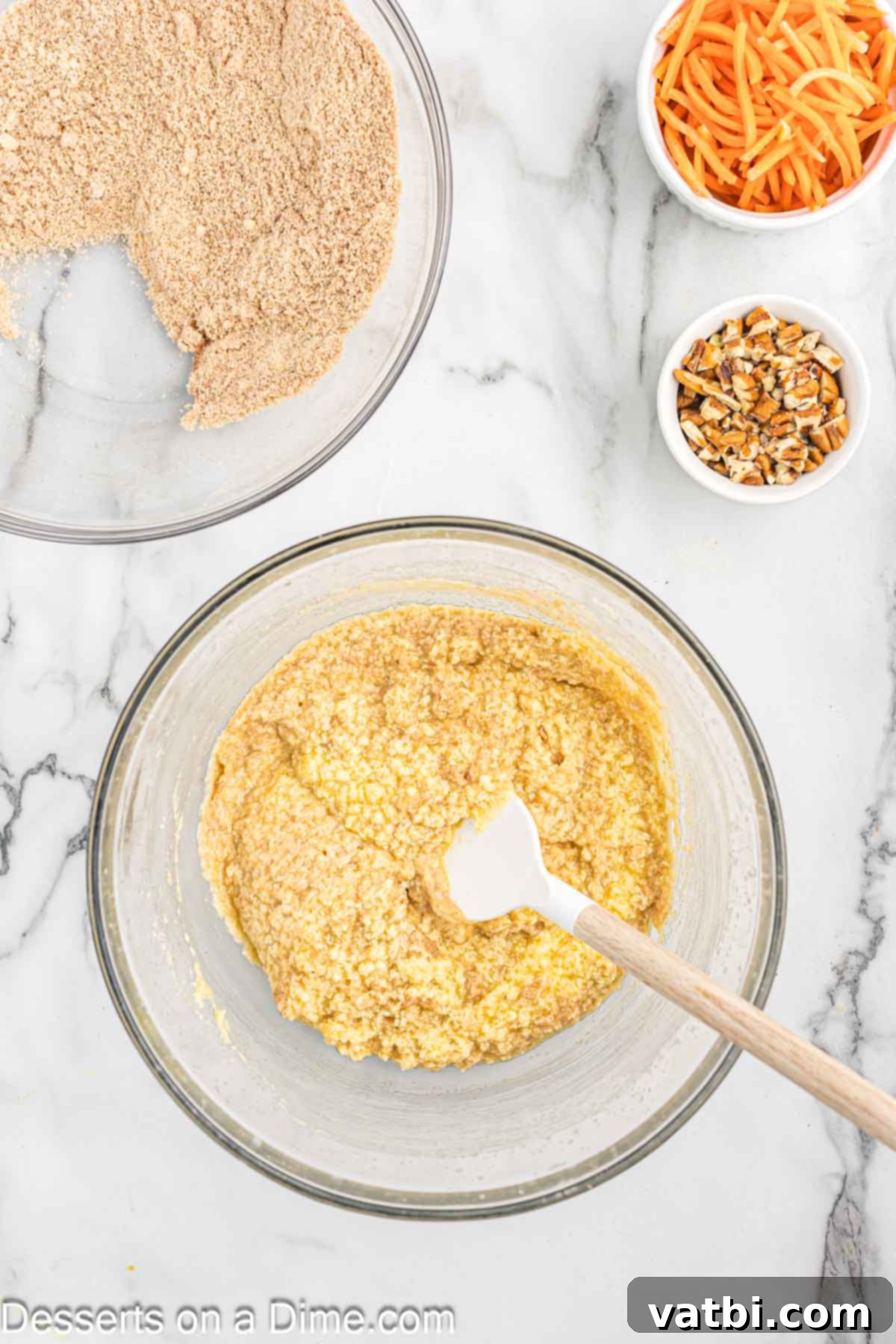 Dry ingredients (almond flour, coconut flour, spices) being mixed into the wet ingredients in a bowl, creating a thick batter.