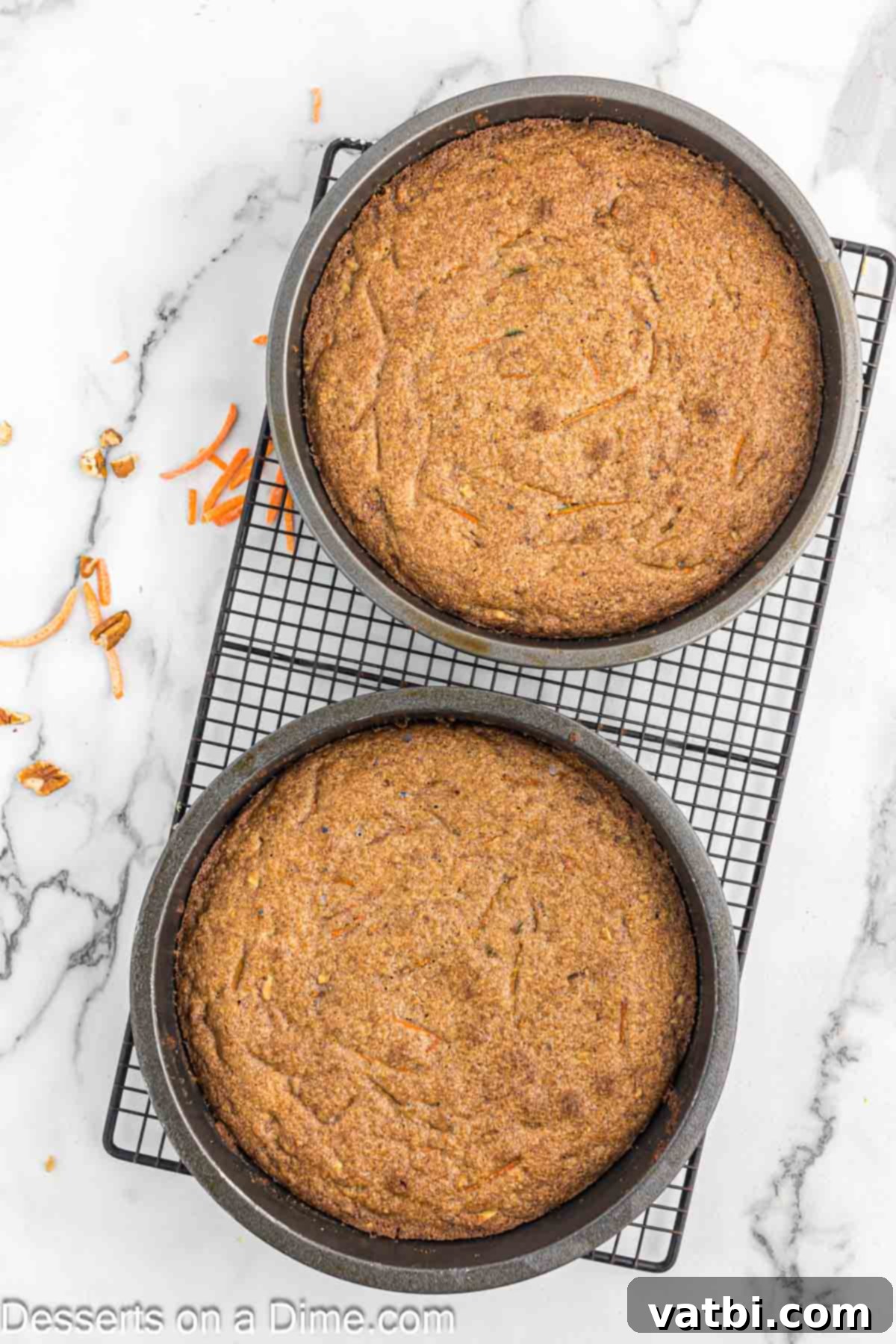Baked cake layers cooling in their pans on a wire rack.