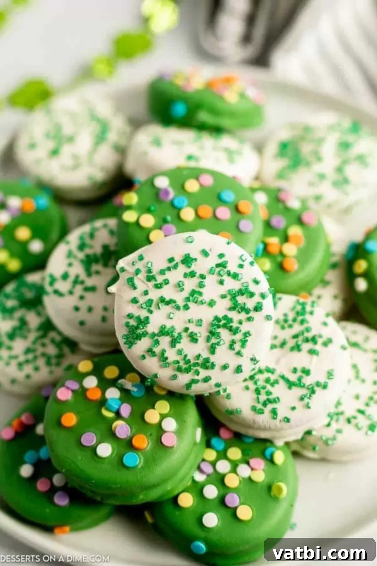 St Patricks Day Oreo Chocolate Delights 2 St Patrick's Day Chocolate covered oreos on a platter, decorated with green and white candy melts and festive sprinkles.