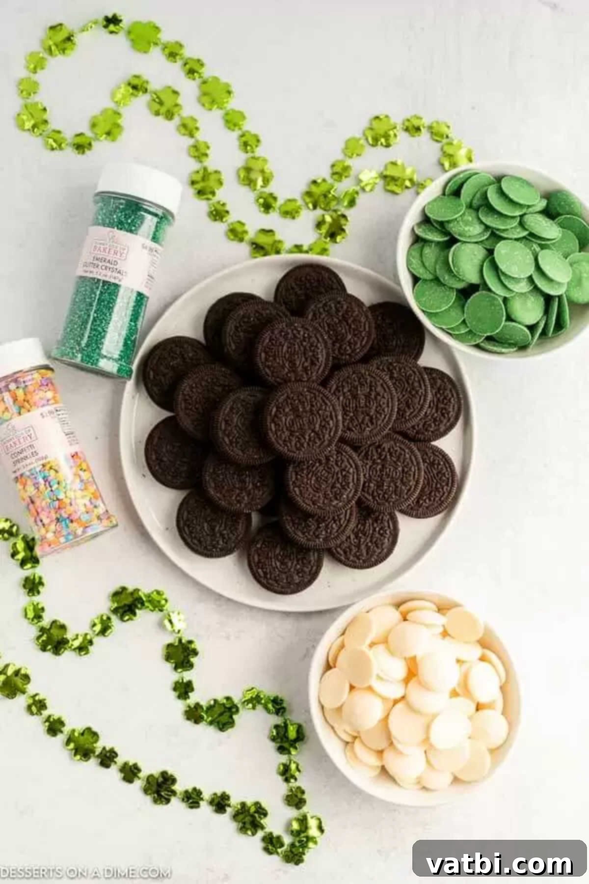 St Patricks Day Oreo Chocolate Delights 3 Ingredients for St. Patrick's Day Chocolate Covered Oreos: white candy melts, green candy melts, Oreo cookies, and festive sprinkles.