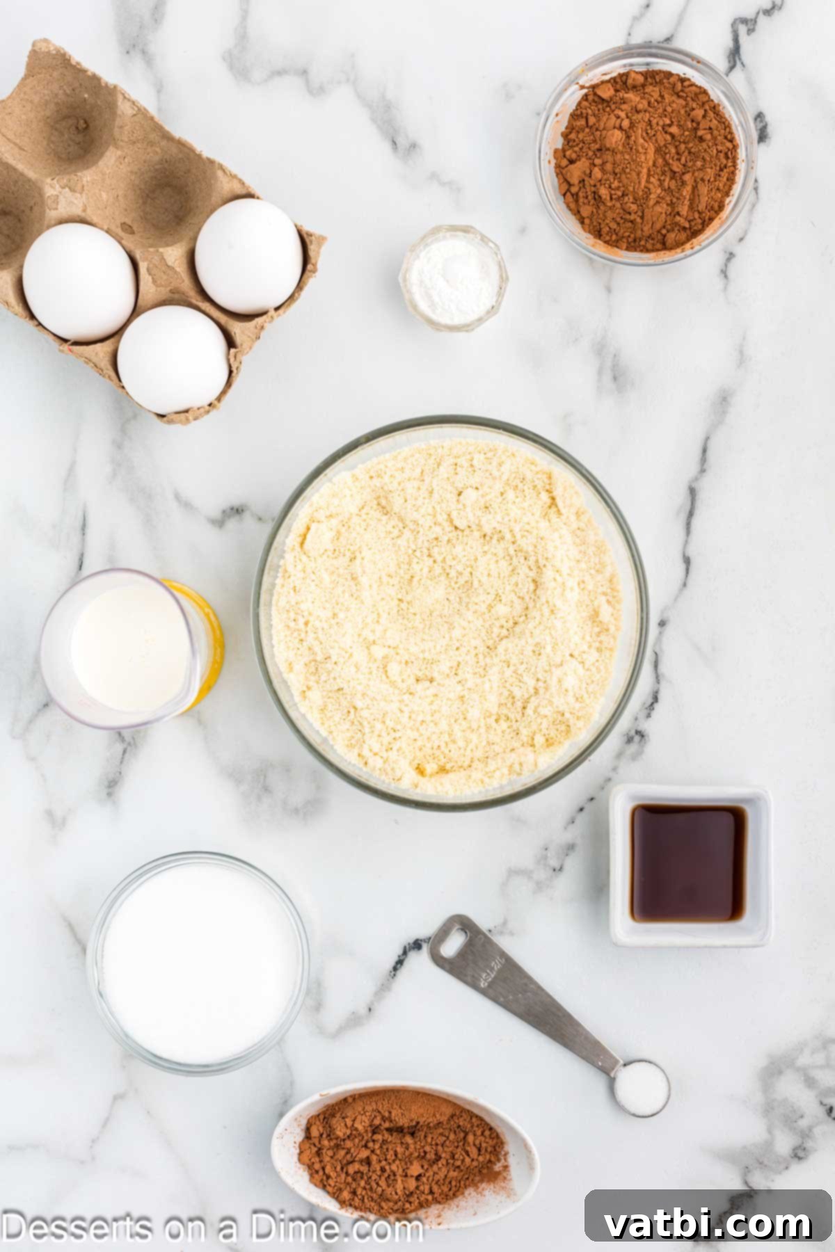 Decadent Keto Chocolate Delight 3 A selection of essential ingredients for crafting a delicious Keto Chocolate Cake, including unsweetened cocoa powder, Dutch cocoa, a granulated keto sweetener, pure vanilla extract, and baking powder, laid out on a clean surface.