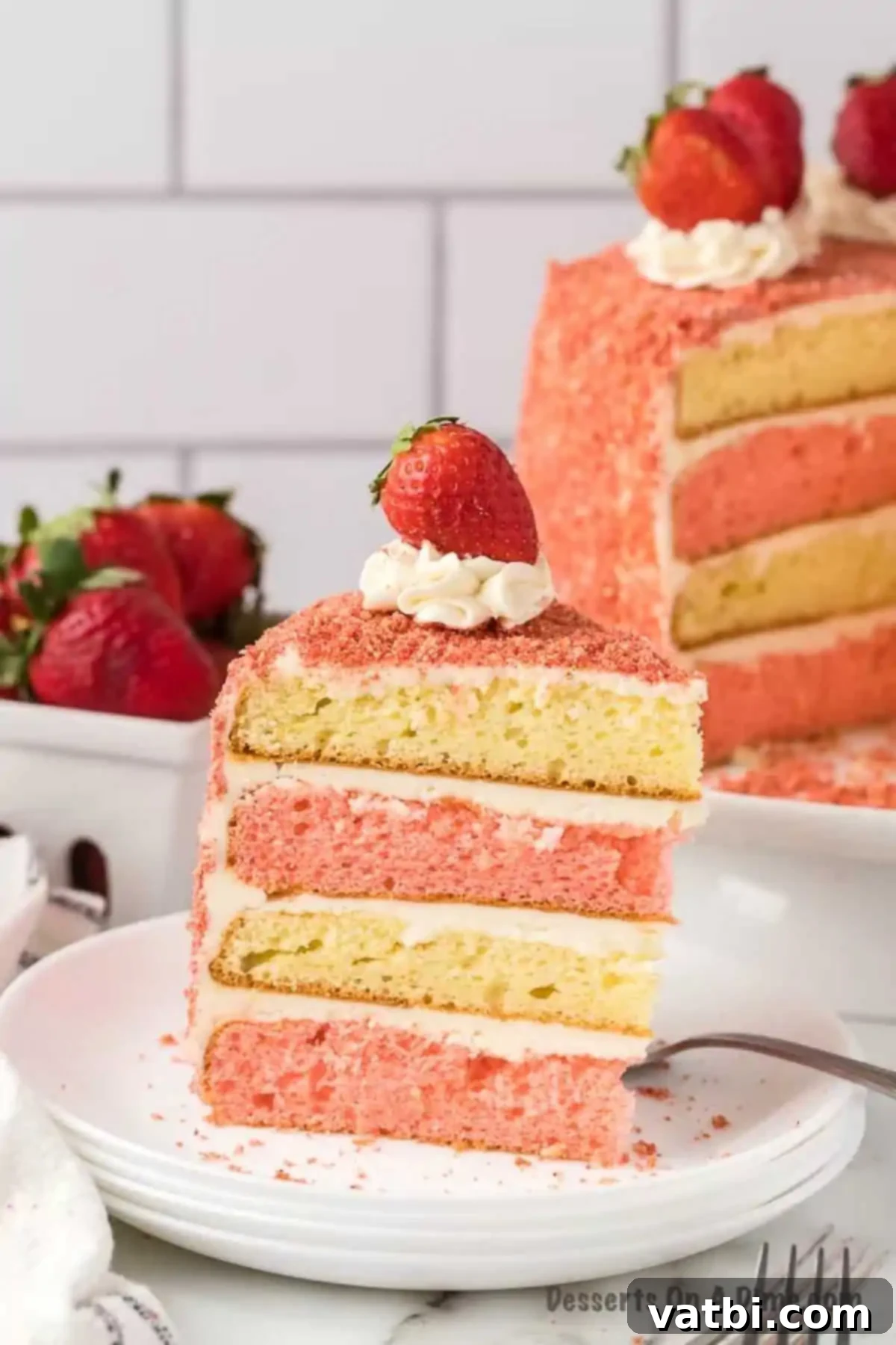 Heavenly Strawberry Crunch Cake 13 Strawberry Crunch Cake slice on a plate, showing its layers and crumbly top.