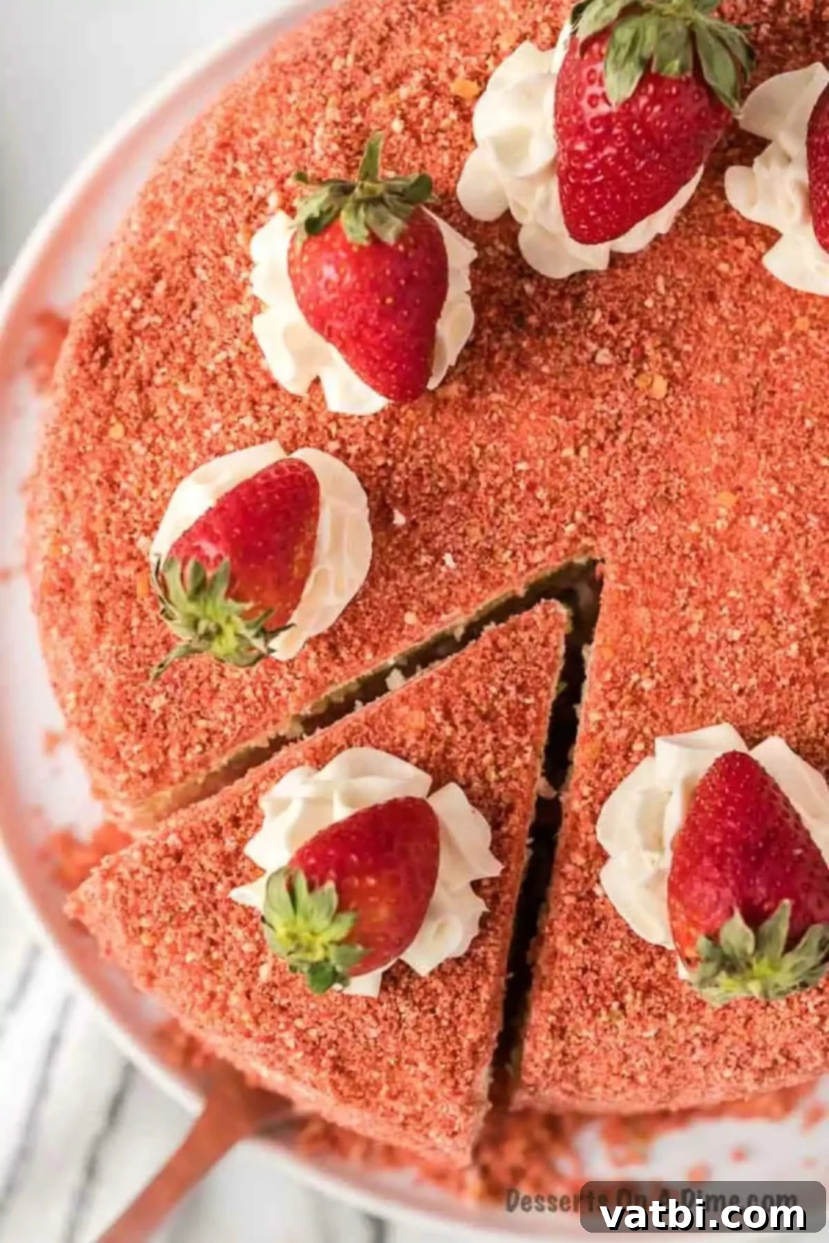 Heavenly Strawberry Crunch Cake 14 Strawberry Crunch Cake being sliced, revealing its four distinct layers.