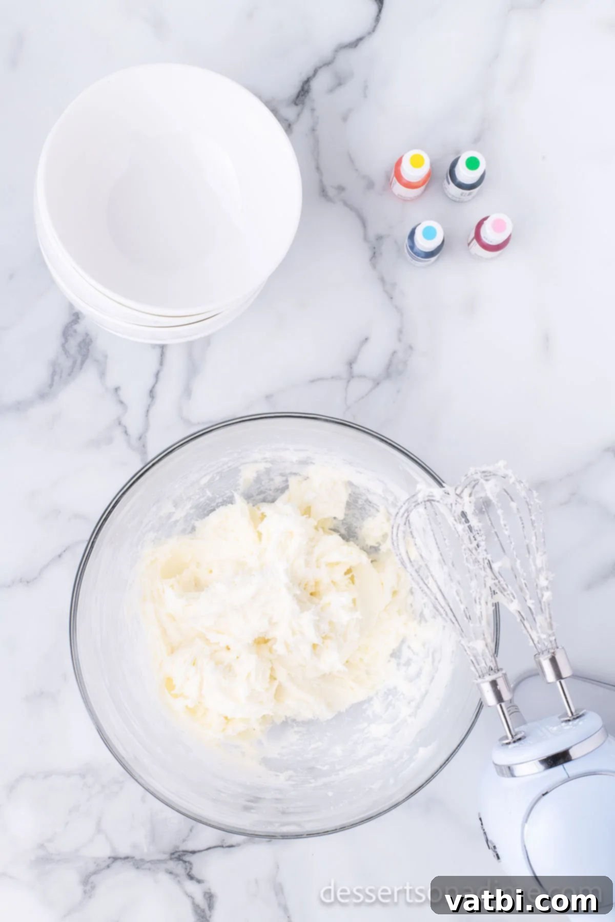 Cream cheese mixture in mixing bowl. 