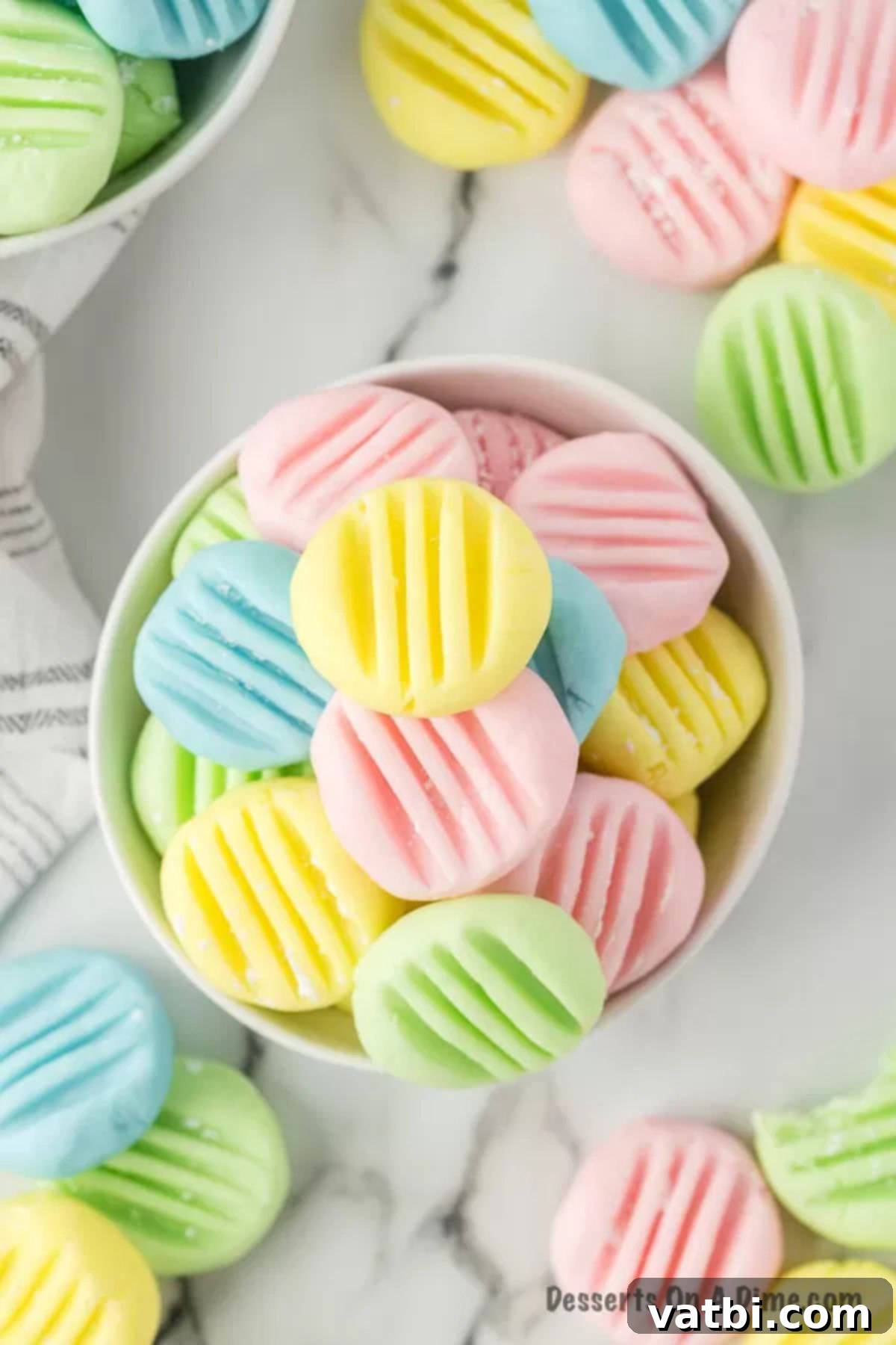 Pastel cream cheese mints in a bowl. 