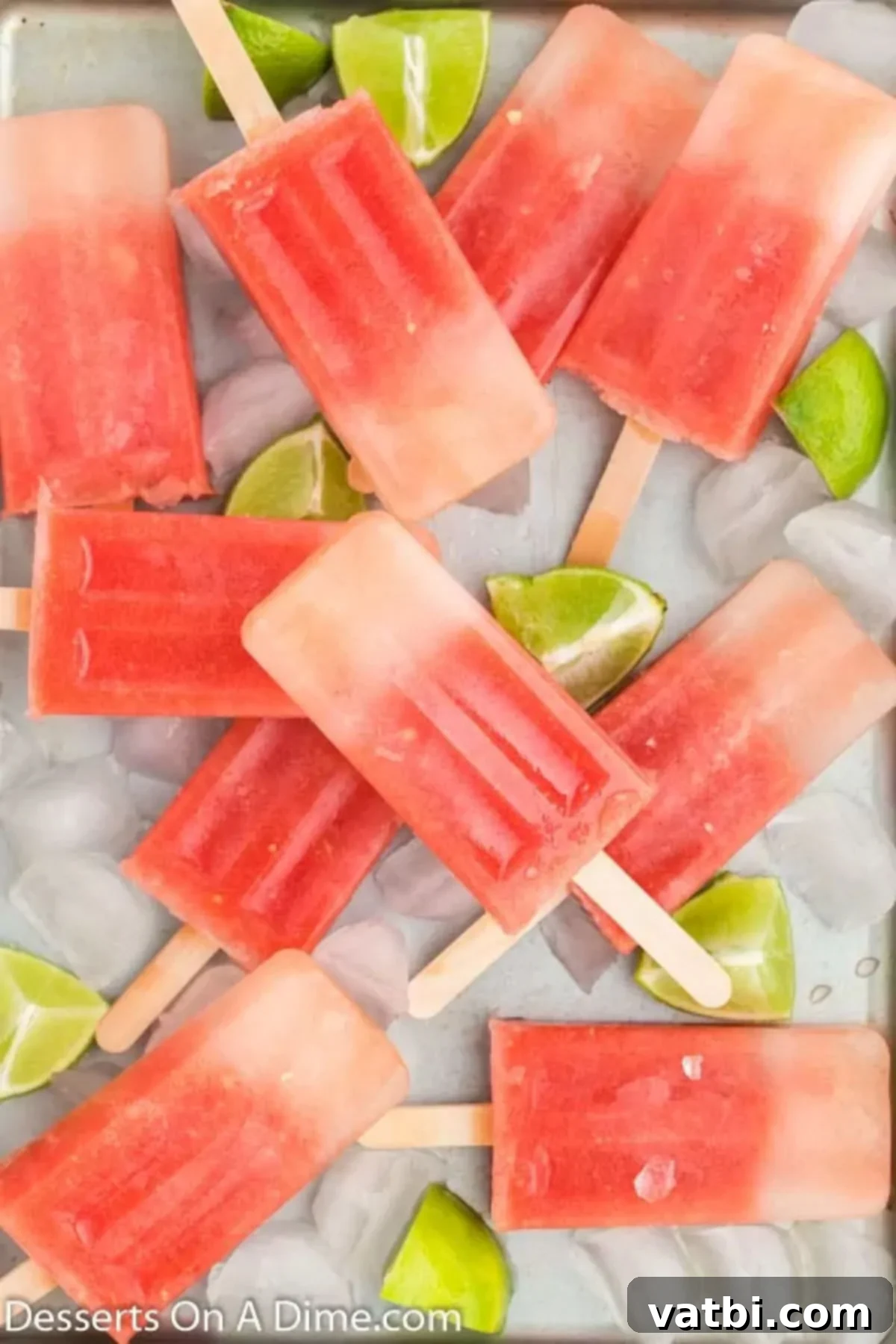 Summer Watermelon Treats 2 Watermelon Popsicles served on ice, ready to enjoy on a hot summer day.