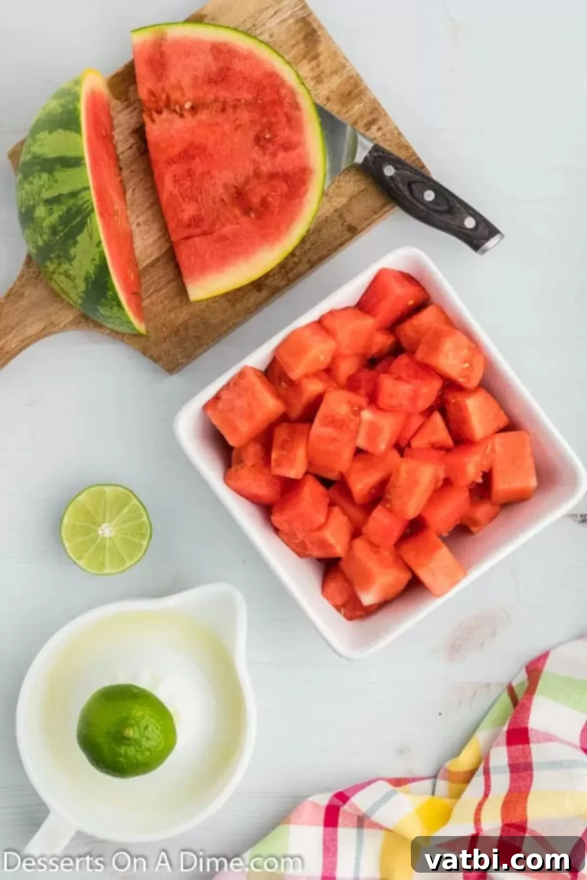Summer Watermelon Treats 3 Two ingredients for watermelon popsicles: fresh watermelon chunks and a lime.