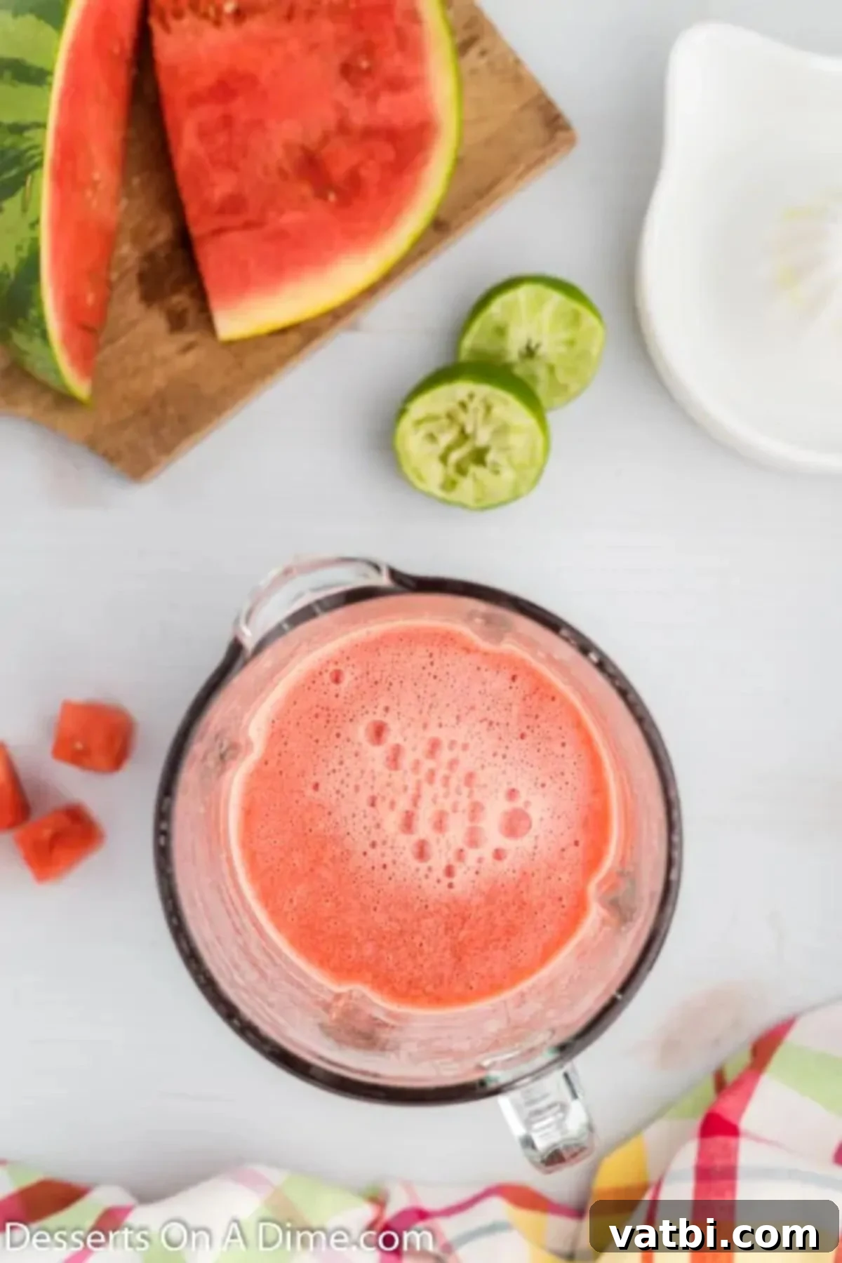 Summer Watermelon Treats 5 Blended watermelon and lime mixture inside a blender, now smooth.