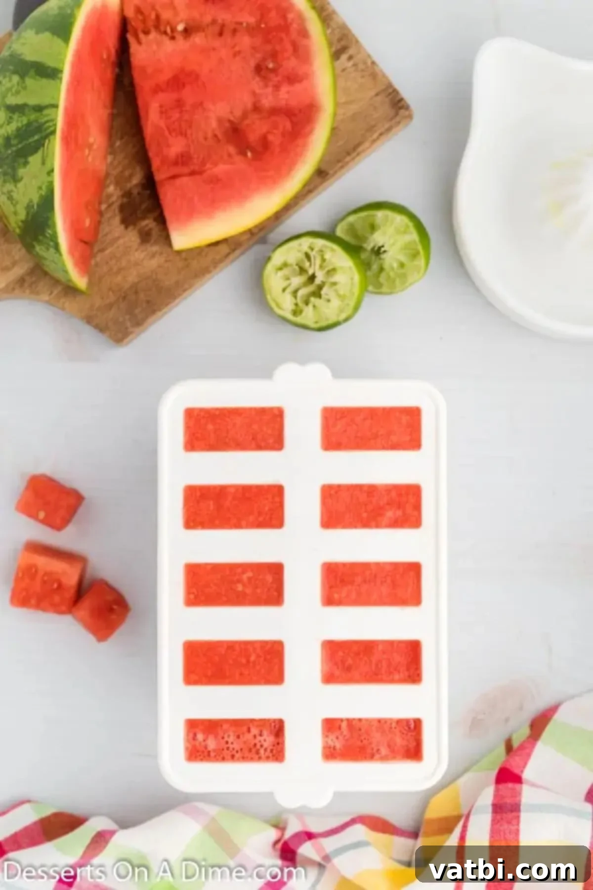 Summer Watermelon Treats 6 Watermelon mixture poured into popsicle molds, with sticks inserted, ready for freezing.