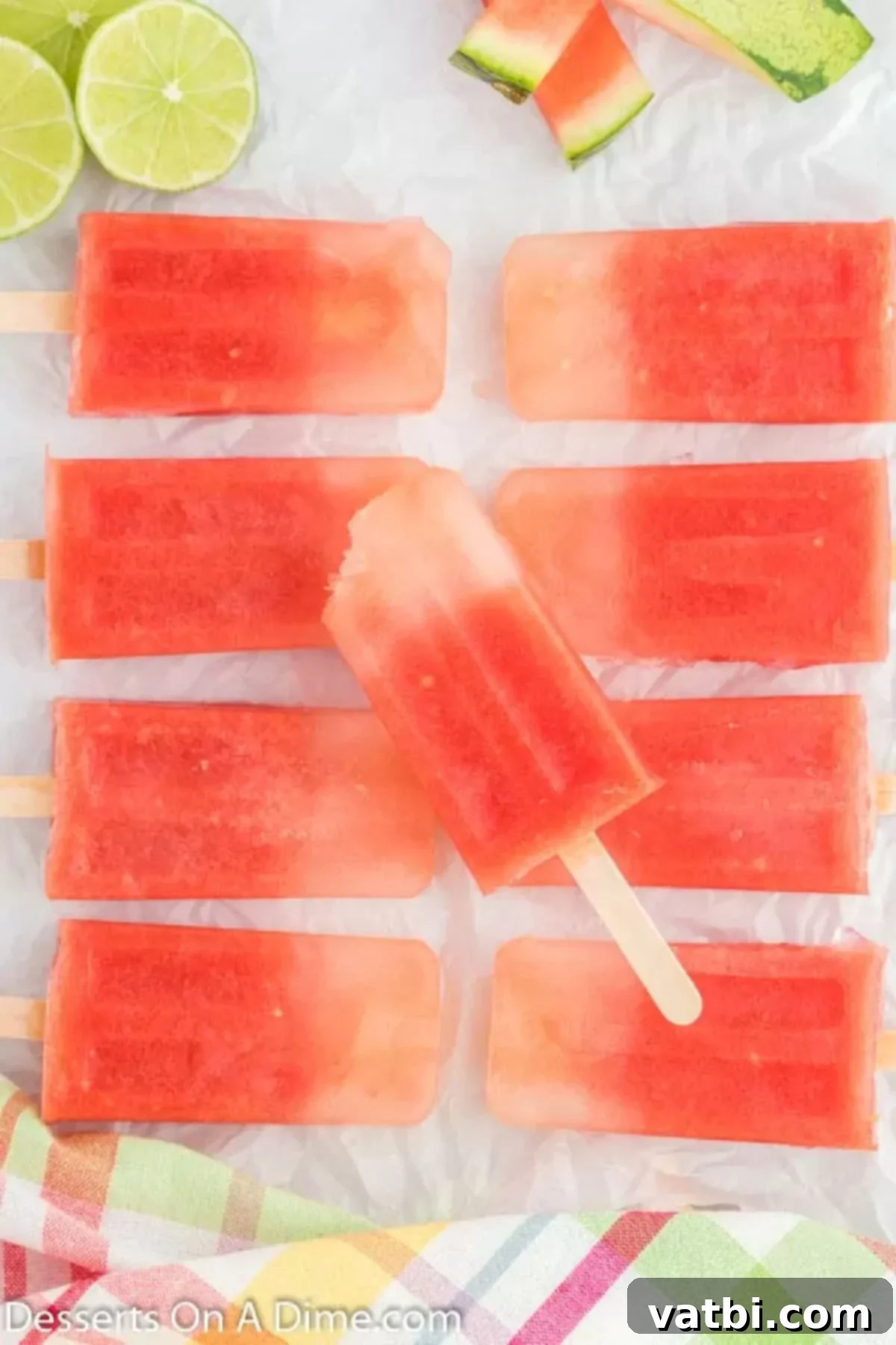 Summer Watermelon Treats 7 Watermelon popsicles, perfectly frozen and removed from molds, ready to eat.