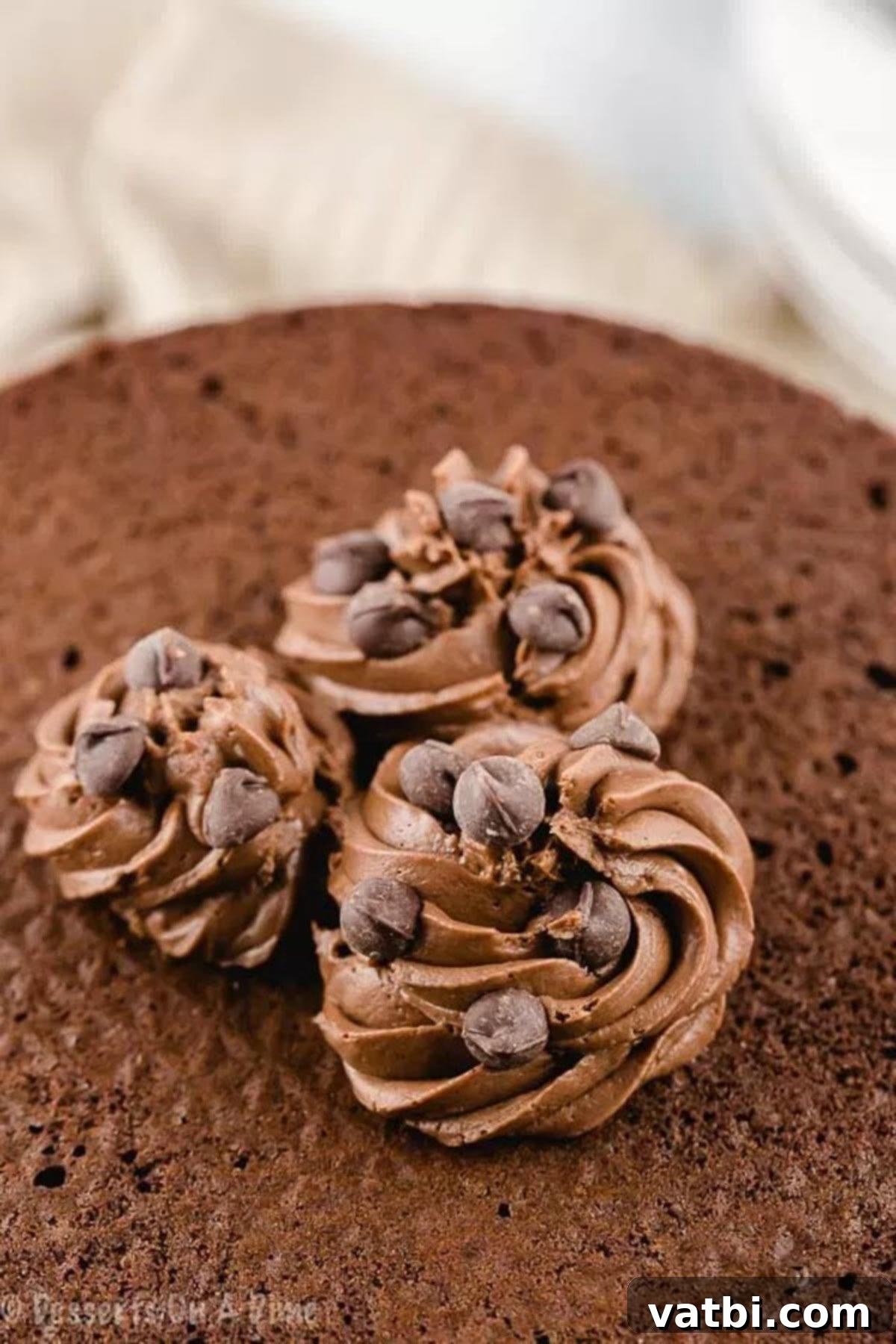 A close-up image of rich, creamy keto chocolate frosting spread generously on a cake, showcasing its smooth texture and appetizing dark color.