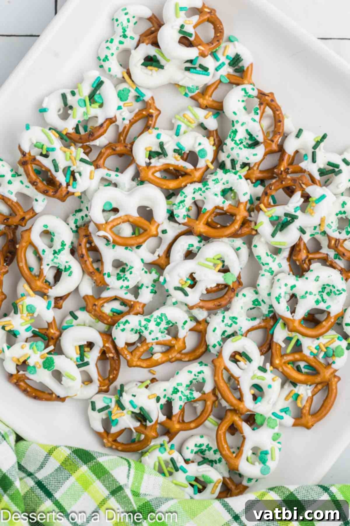 St. Patrick's Day Pretzels on a platter ready to serve. 